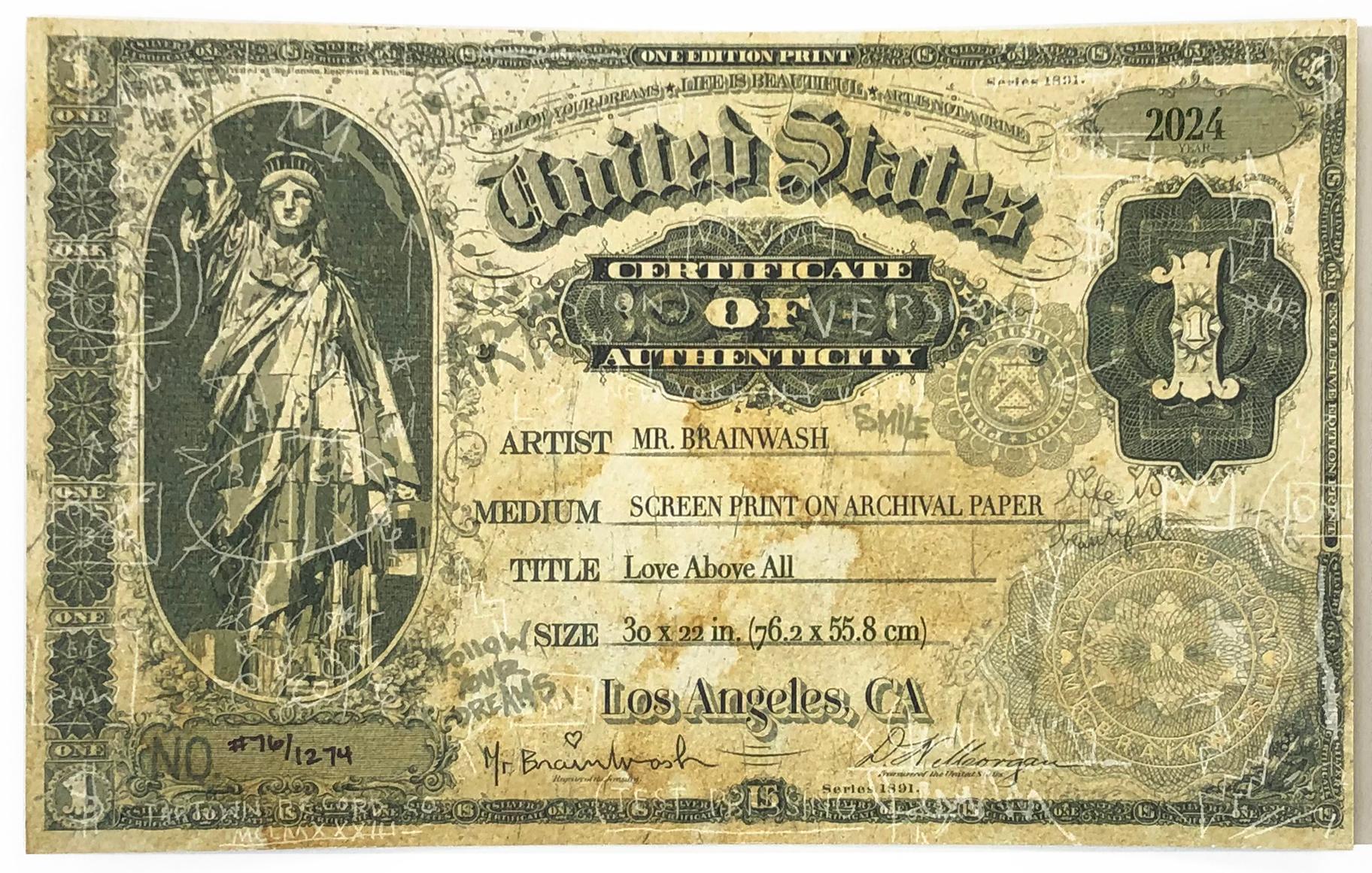 11 color screen print on archival paper with deckled edges.  Hand signed and numbered on front, thumb print on verso Mr. Brainwash.  Edition of 1274.   Artwork size 30 x 22 inches.  Frame size approx 36 x 28 inches.

Artwork is in excellent