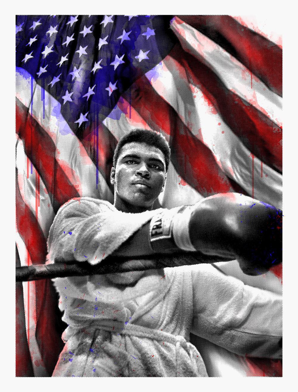 In celebration of an American legend, today we honor Muhammad Ali on what would have been his 77th birthday. For this edition print, Ali is embraced by the American Flag in the boxing ring, embodying his undeniable legacy of passion and power.