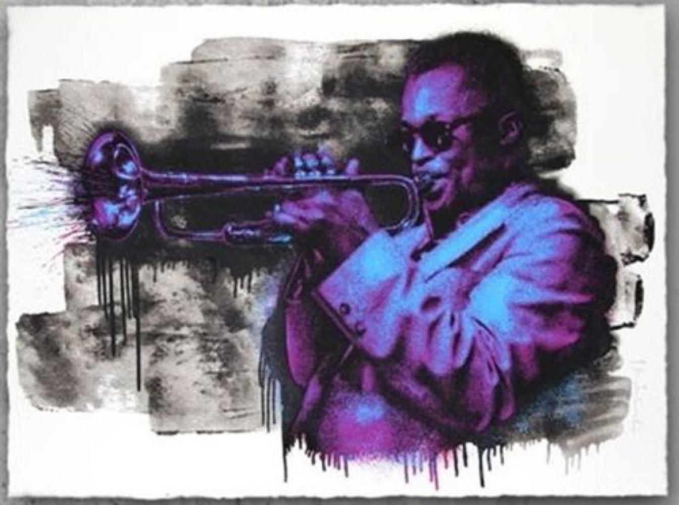 MR. BRAINWASH "MILES DAVIS (PURPLE/ORANGE)" SCREENPRINT ON HAND TORN ARCHIVAL ART PAPER SIZE: 30 X 22.5 INCHES EDITION: OF 50 YEAR: 2015 HAND SIGNED & NUMBERED ON FRONT WITH THUMBPRINT ON VERSO BY THE ARTIST.

Mr. Brainwash. French. Born Thierry