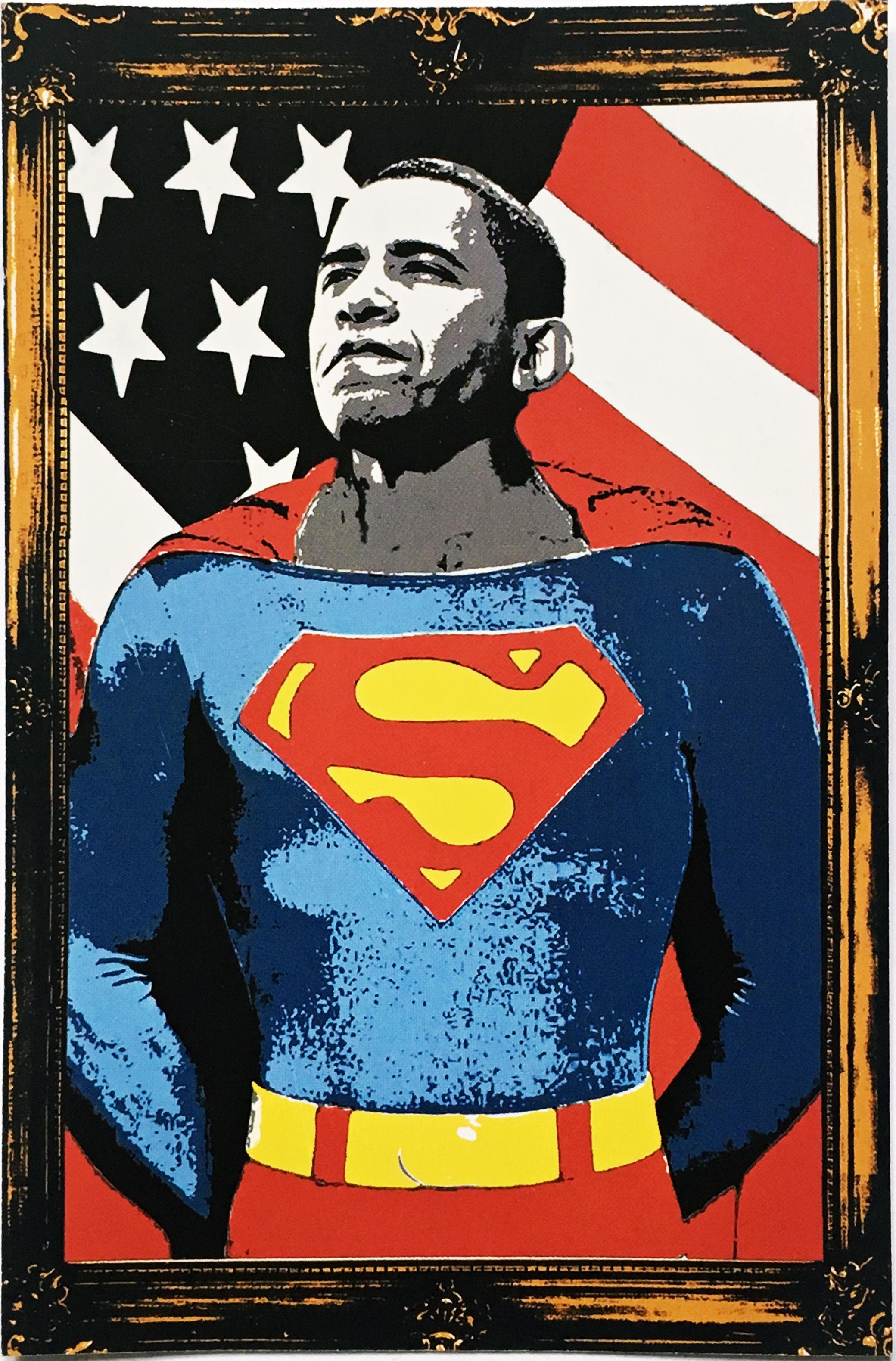 Mr. Gehirnwäsche
Obama Superman, 2009
Offset-Lithographie-Poster
Platte signiert unten rechts auf der Vorderseite
36 × 24 Zoll
Ungerahmt
Dieses Mr. Brainwash-Poster auf Hochglanzpapier mit halbglänzender Oberfläche in gesättigten Farben stellt