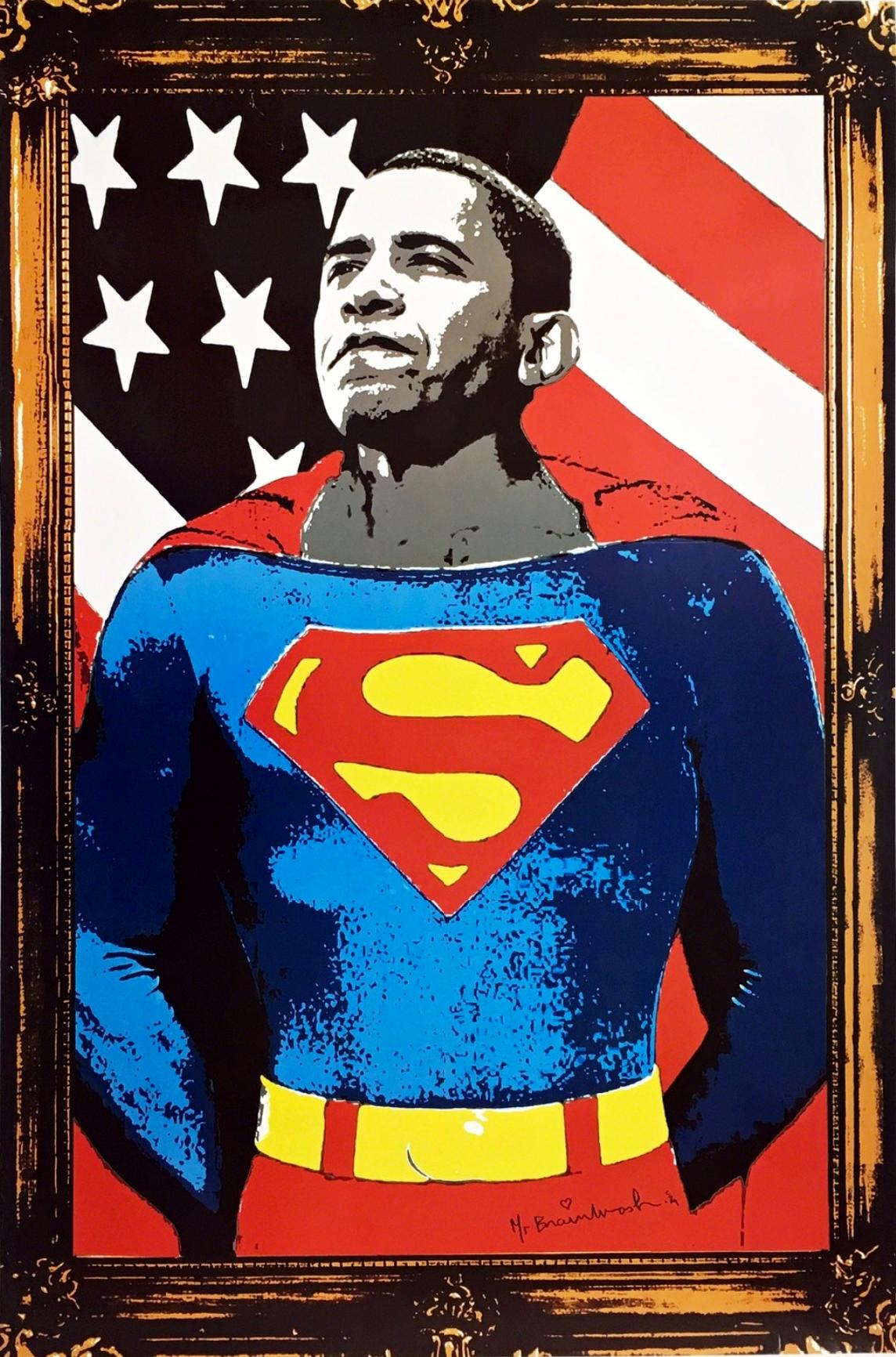 "Obama Superman" Offset Lithograph on Paper, Cultural Commentary, Signed - Print by Mr. Brainwash