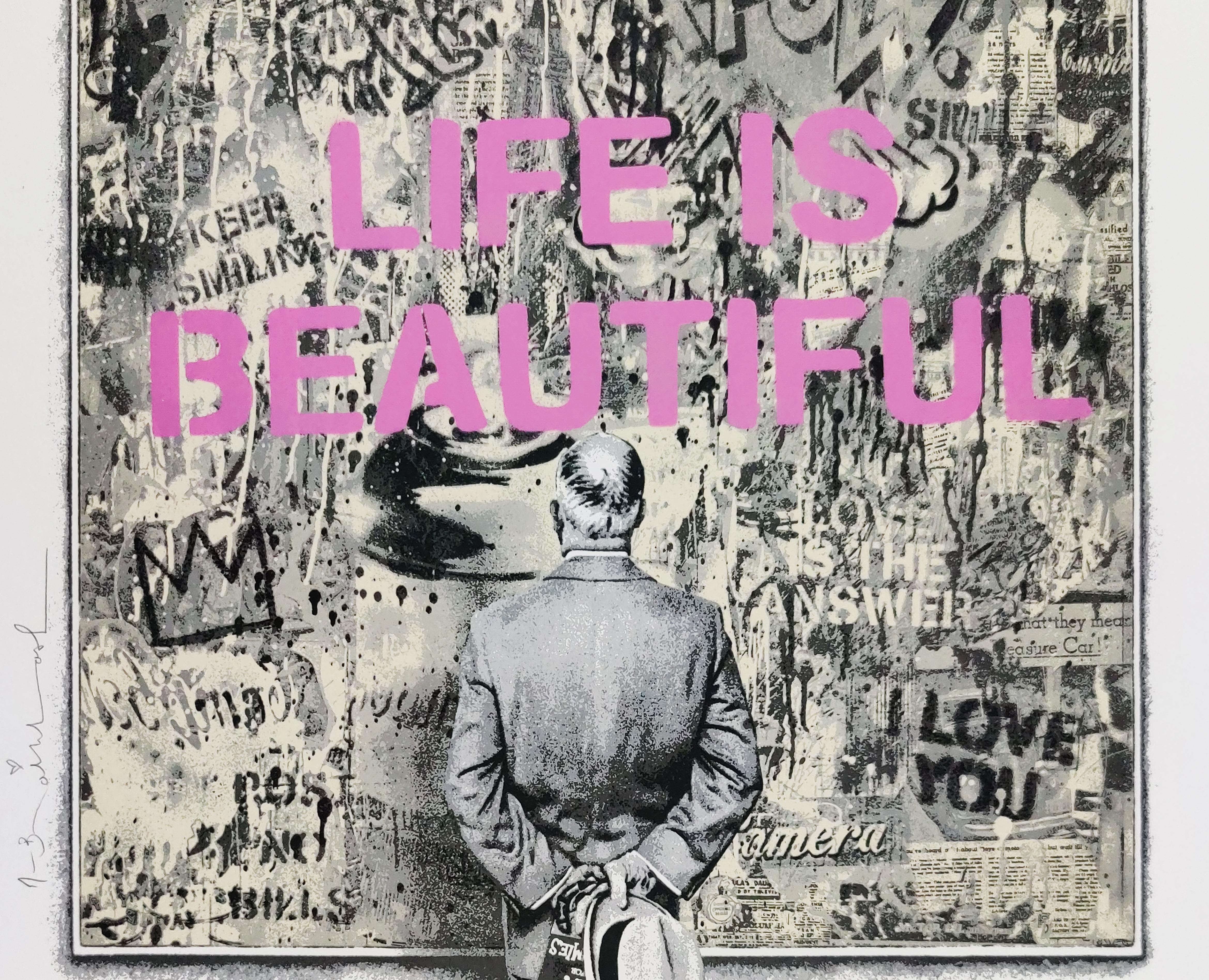 Connaisseur de rue, « Life Is Beautiful », rose, M. Brainwash, édition limitée rare - Art urbain Print par Mr. Brainwash