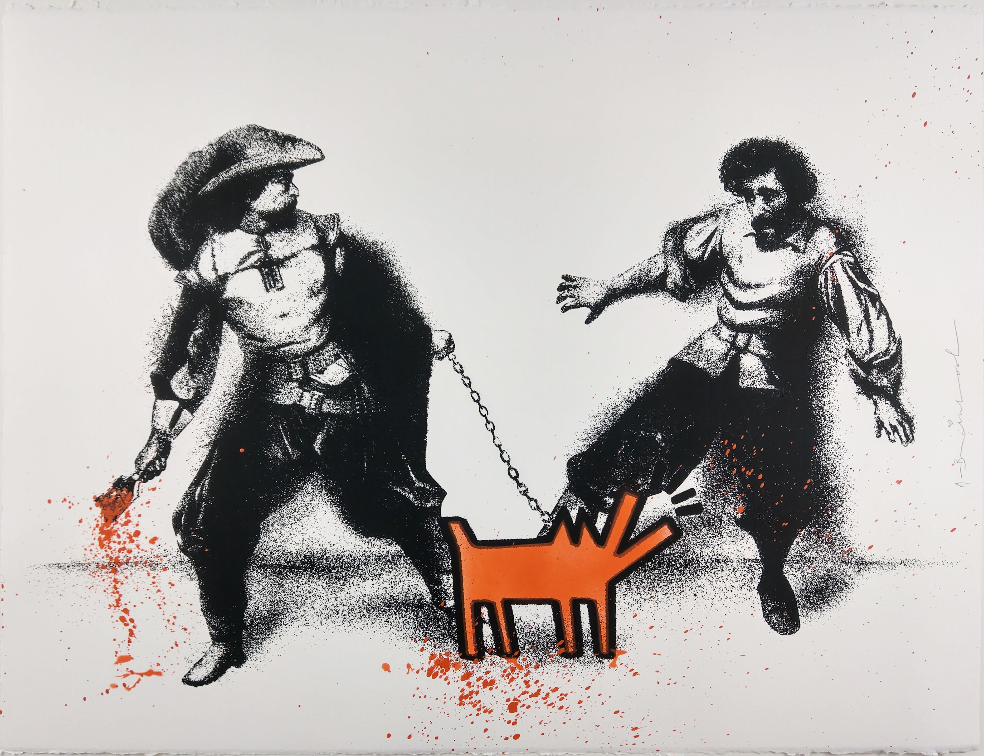 Watch Out! Orange by Mr. Brainwash - Street Art Print, Unique & Hand Finished. Mr. Brainwash's spin on the famous dog that was previously used by Banksy (Choose Your Weapon) and Keith Haring (Barking Dogs.) This is a one-color screen print that is