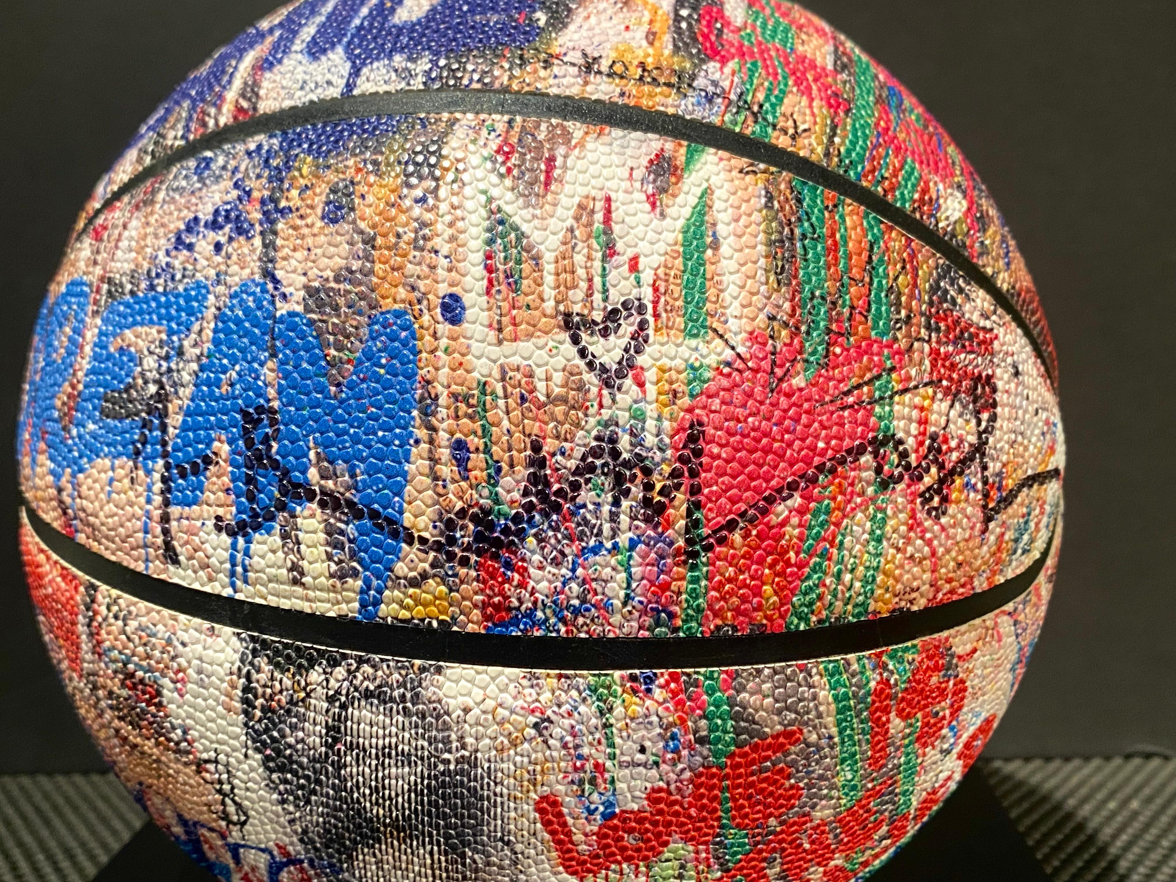Fun and collectible, an original basketball screen-printed by Mr. Brainwash, hand-signed and numbered, with artist’s provided certification, this three-dimensional sculpture measures 9.5 inches in diameter (29.5 inches in circumference), and is