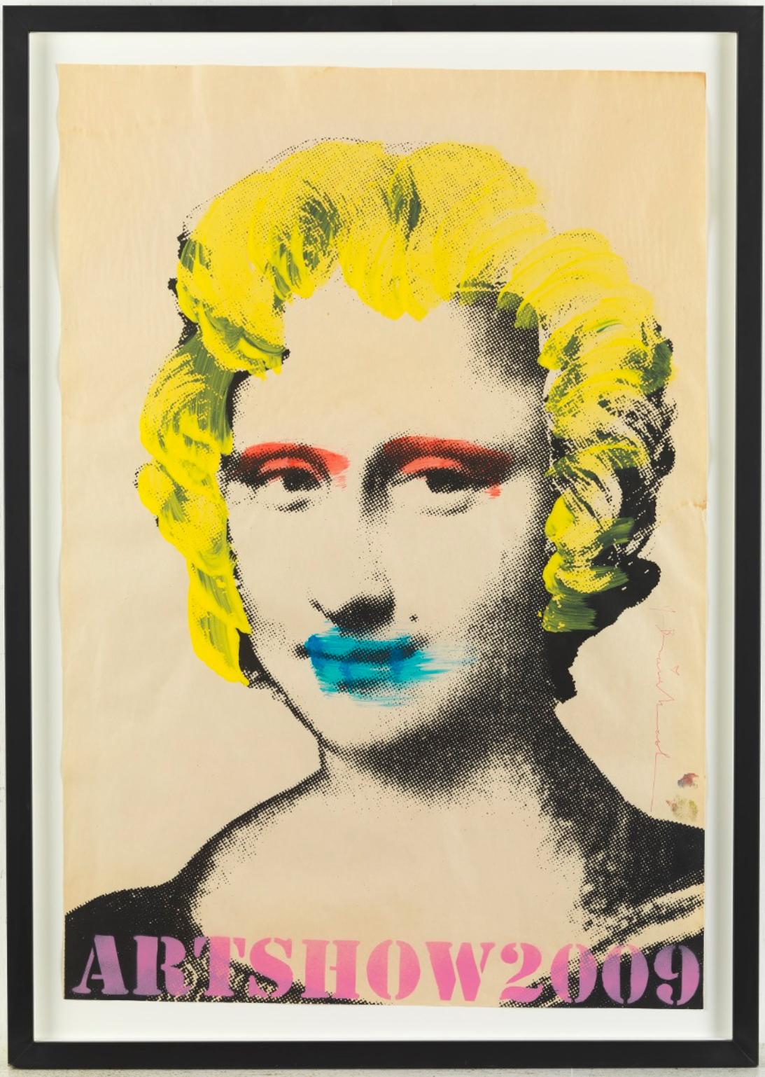 Mr. Brainwash (Thierry Guetta, French/American b. 1966) Mona Lisa, poster for Toronto art show 2009. Screenprint in colors with acrylic hand-embellishments on news print paper, signed in pen right edge with thumb print, float mount under glass in