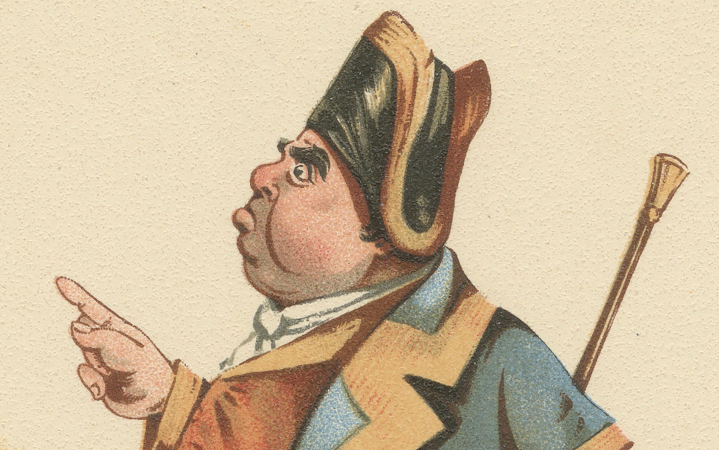 Herr Bumble aus Oliver Twist - viktorianische Dickens Charakter Lithographie von Kyd 1889 im Zustand „Gut“ im Angebot in Langweer, NL