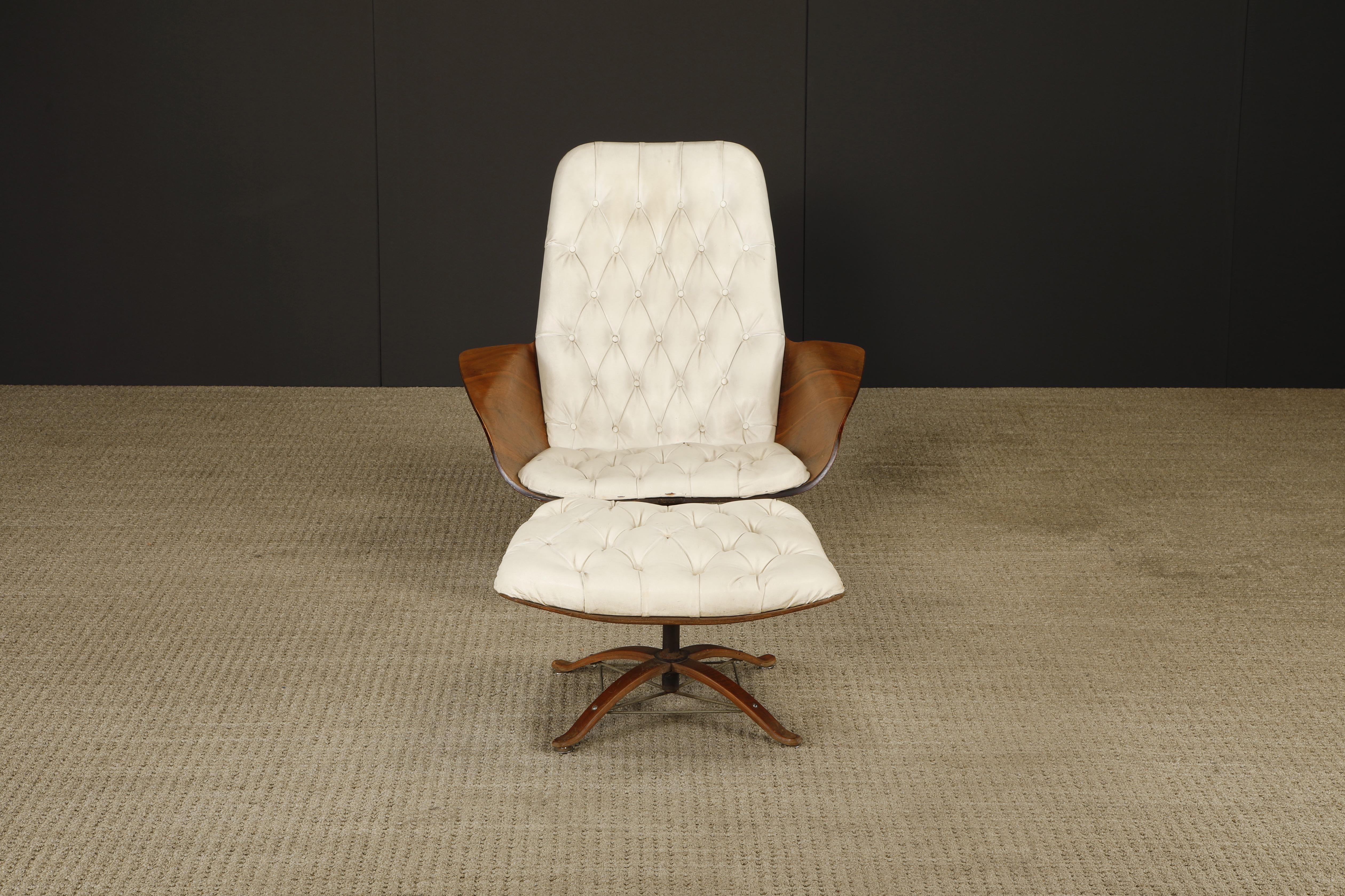 An iconic Mid-Century Modern 'Mr. Chair' and ottoman, designed by George Mulhauser for Plycraft in the 1960s. A timeless example of American Modernist design, this sculptural lounge chair and ottoman is celebrated for its graceful lines, ergonomic