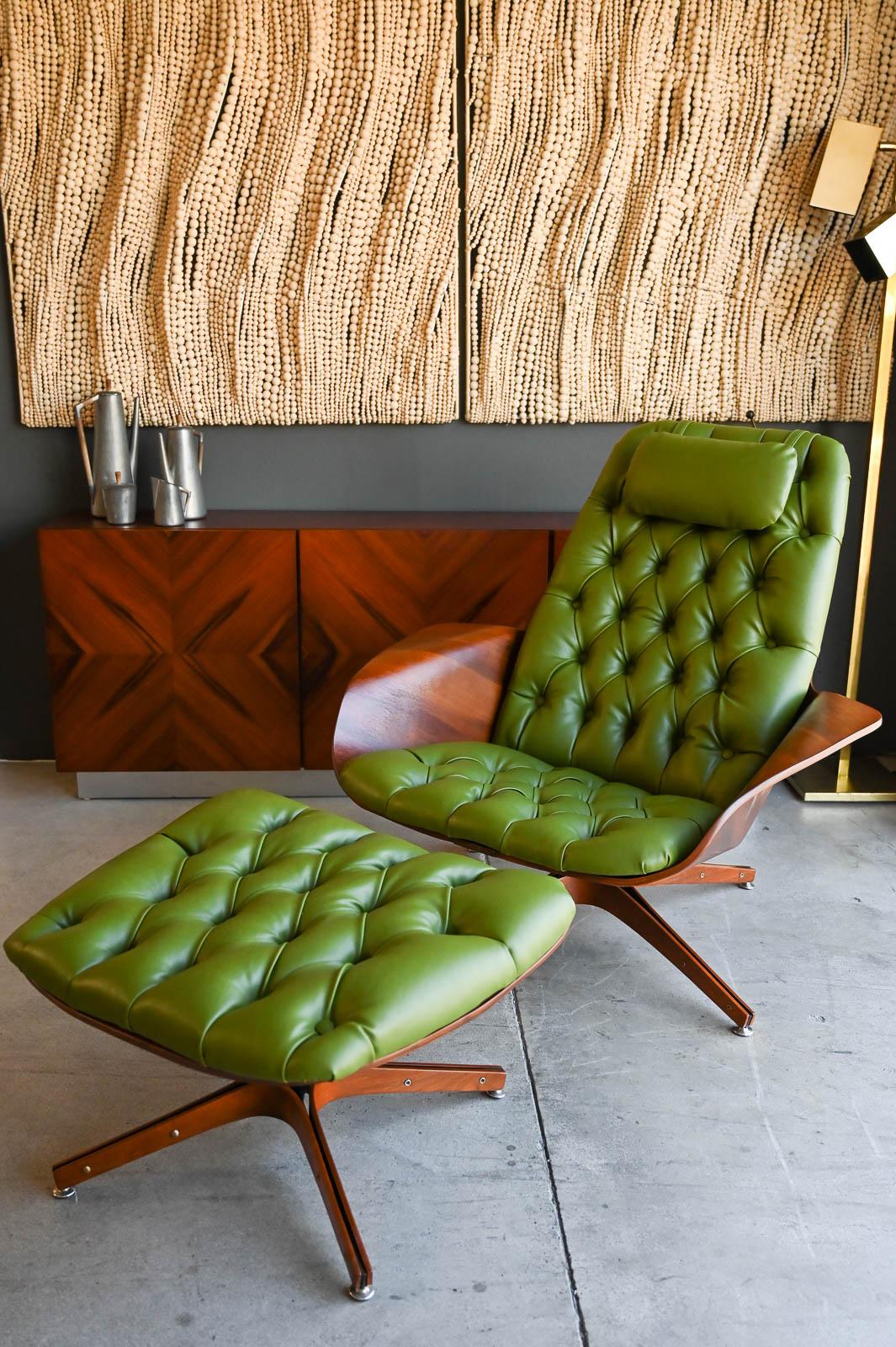 Mr. Chair with ottoman by George Mulhauser for Plycraft, ca. 1960. Professionally restored walnut veneer with beautiful avocado green upholstery with new foam. Restored from the frame up and in showroom condition. This rare and hard to find set was