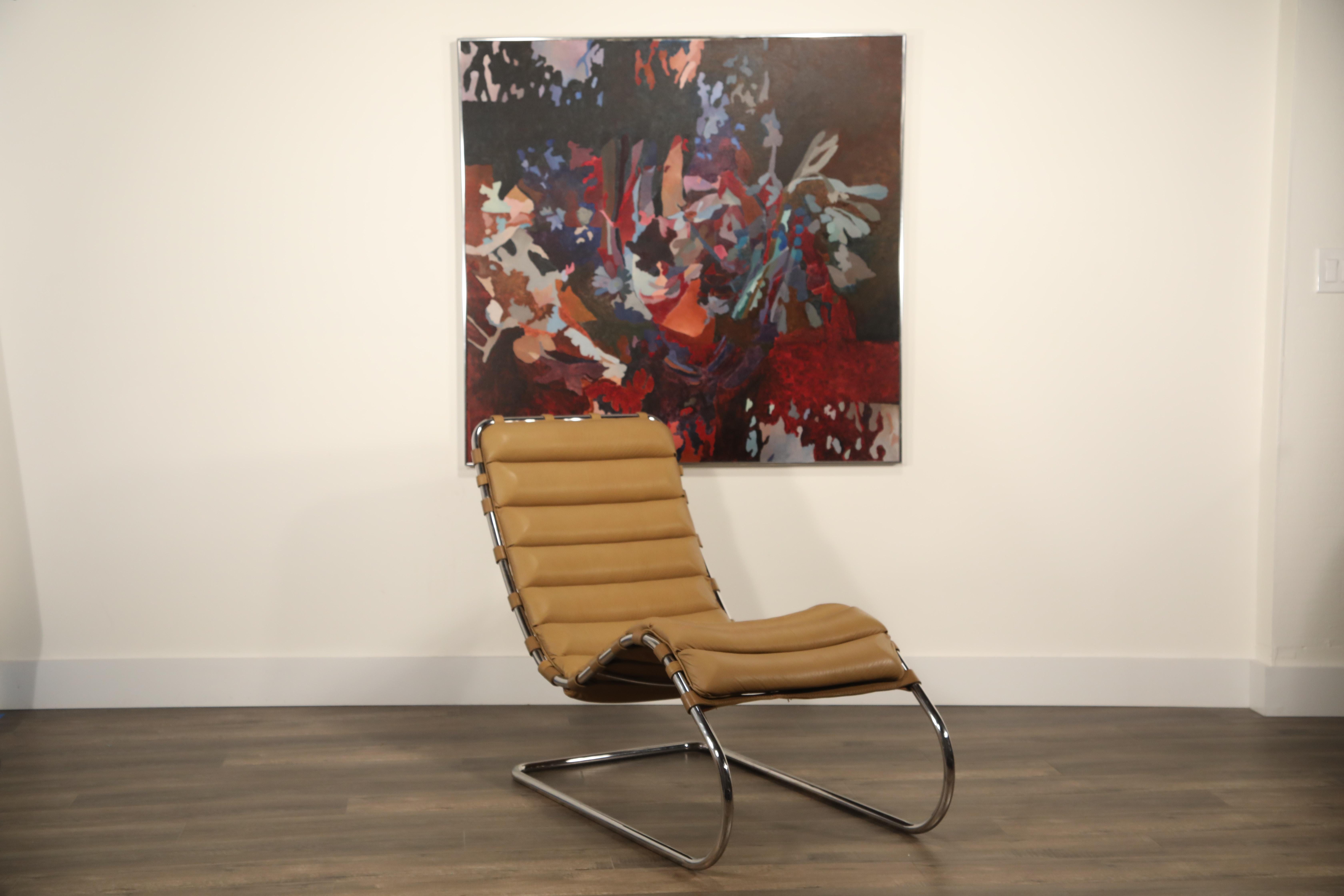 An incredible early production double-signed MR chaise lounge chair by Ludwig Mies van der Rohe for Knoll International, date stamped November 1978 production, possessing its original Knoll International tags to the leather seat cushions and date