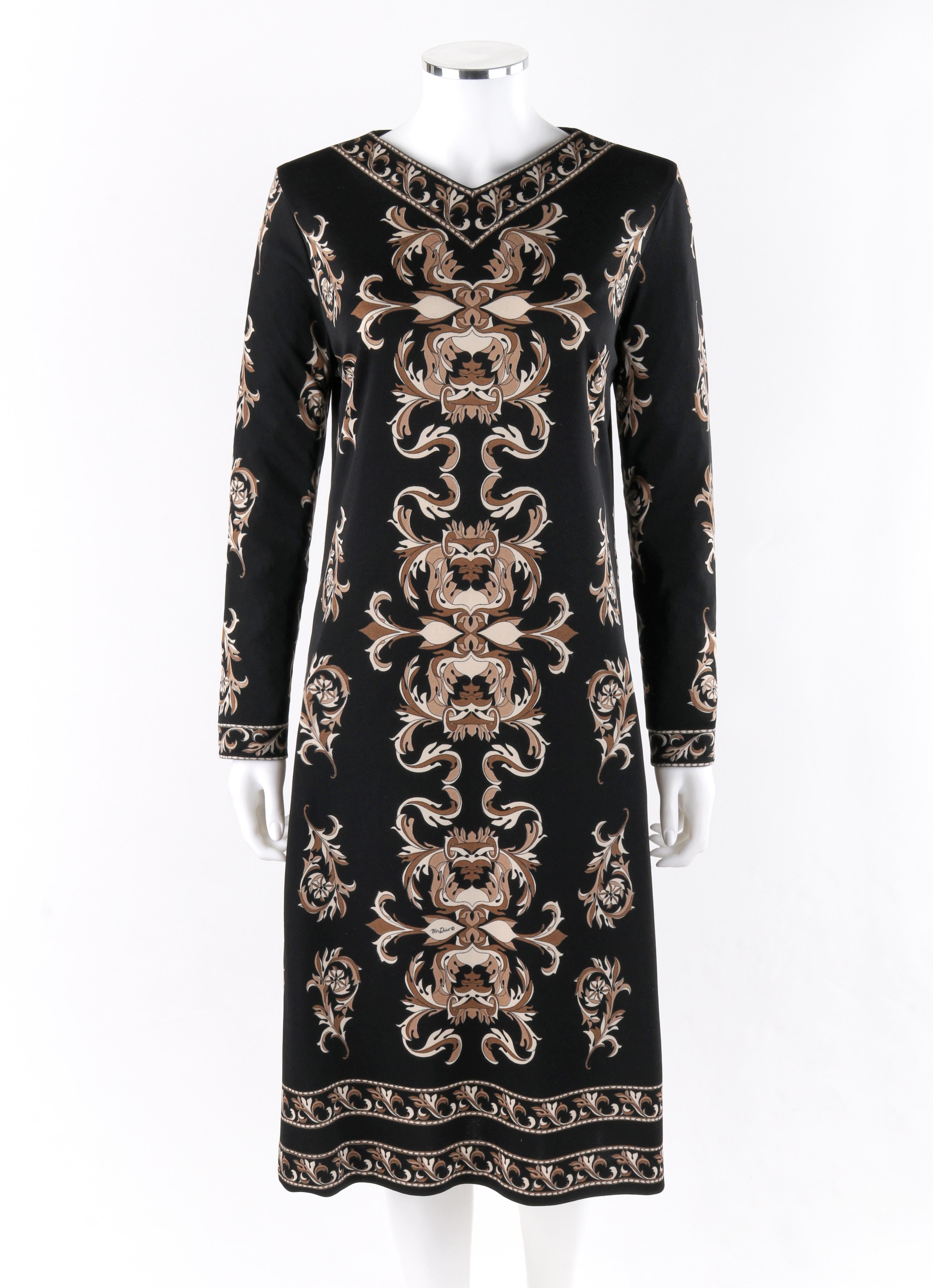 MR DINO c.1970’s Black Brown Cream Signature Print Long Sleeve Belted Shift Dress

Circa: 1970’s
Label(s): Mr. Dino, I.Maginin & Co.  
Designer: Max Cohen
Style: Shift dress
Color(s): Shades of black, tan, brown and cream
Lined: No
Unmarked Fabric