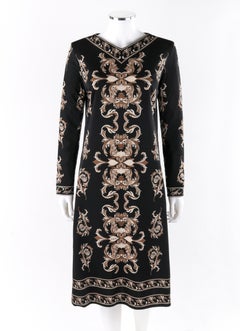 MR DINO c.1970 Negro Marrón Crema Estampado de firma Vestido de manga larga con cinturón y cambio