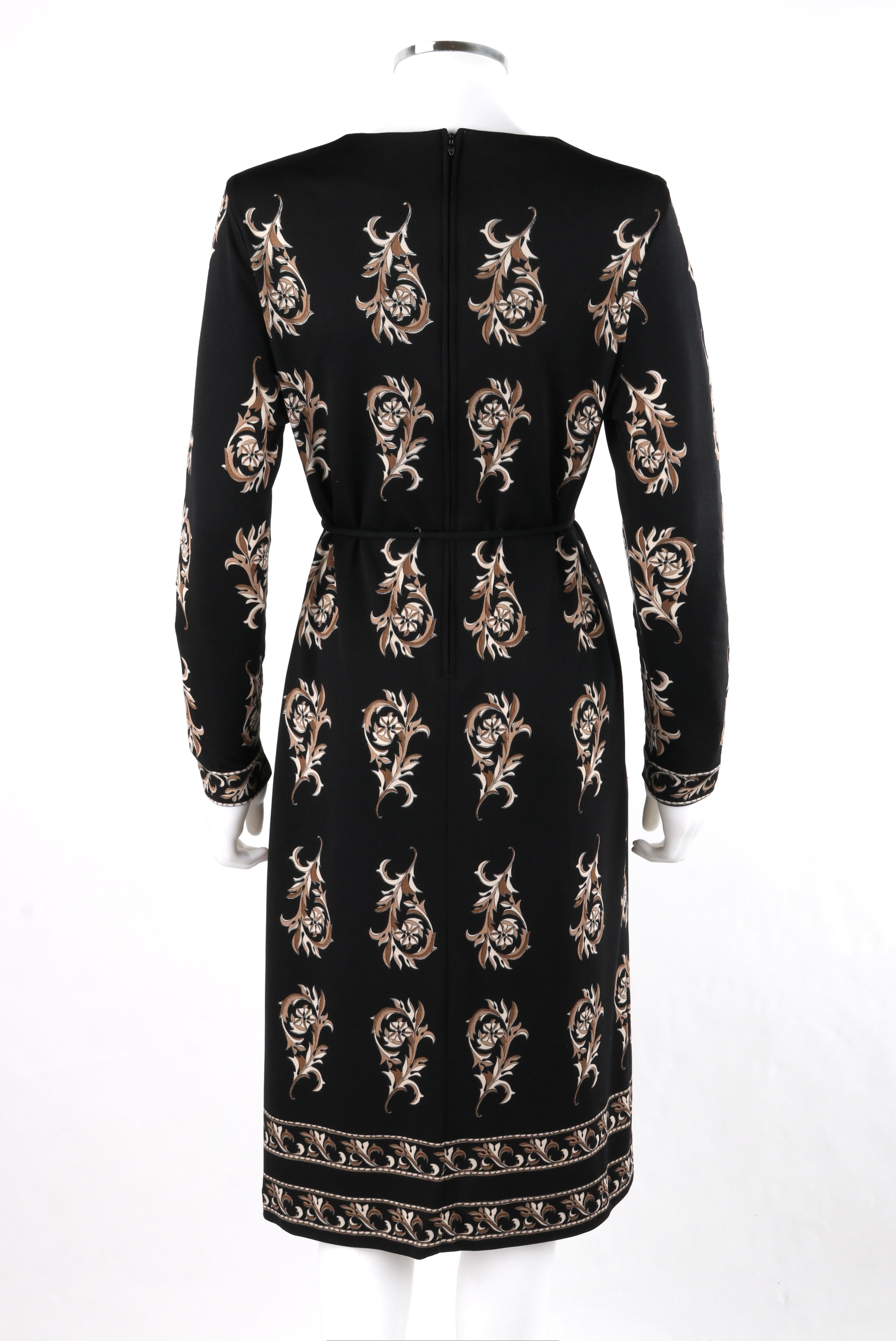 MR DINO c.1970s Black Brown Cream Signature Print Long Sleeve Belted Shift Dress In Good Condition For Sale In Thiensville, WI