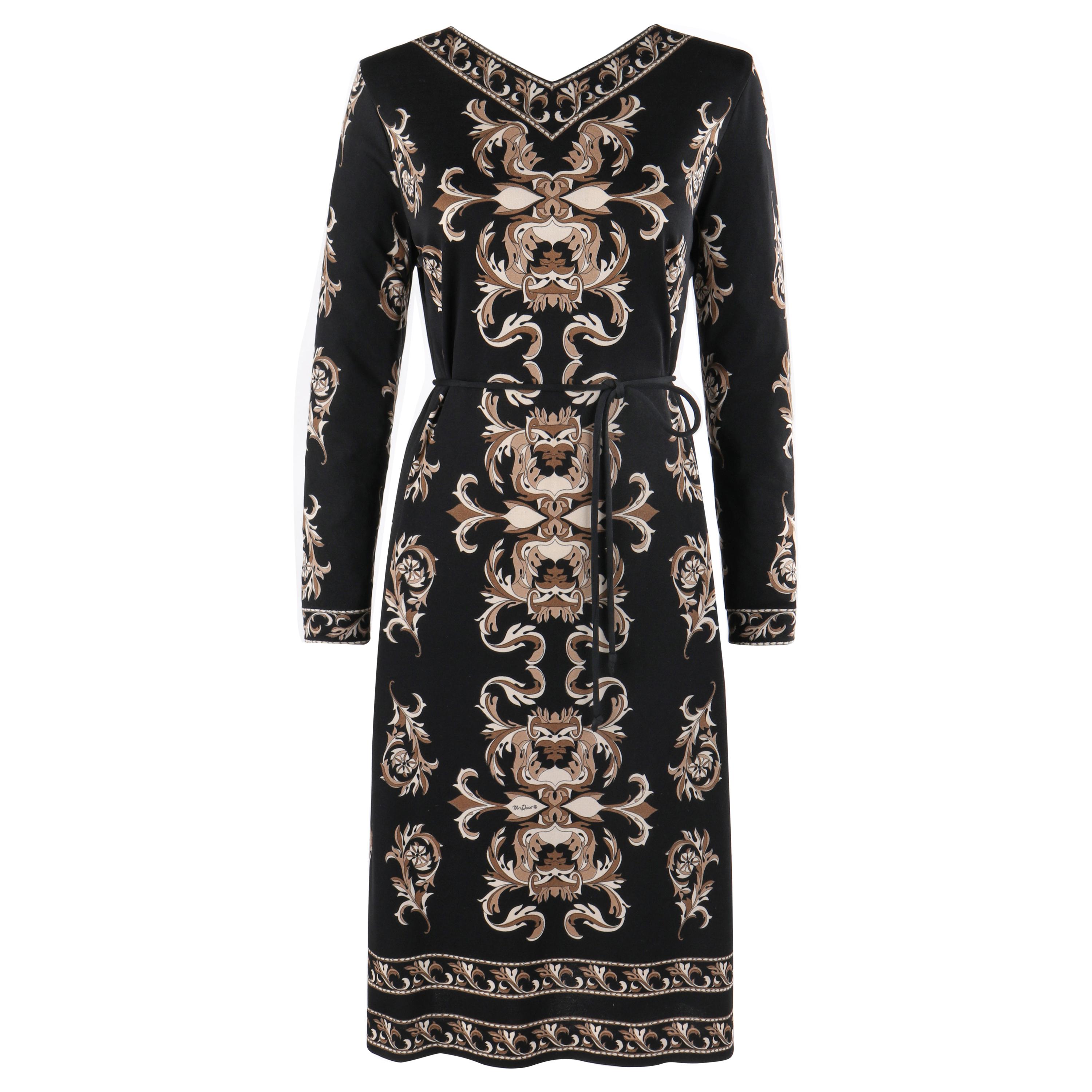 MR DINO c.1970s Black Brown Cream Signature Print Long Sleeve Belted Shift Dress For Sale
