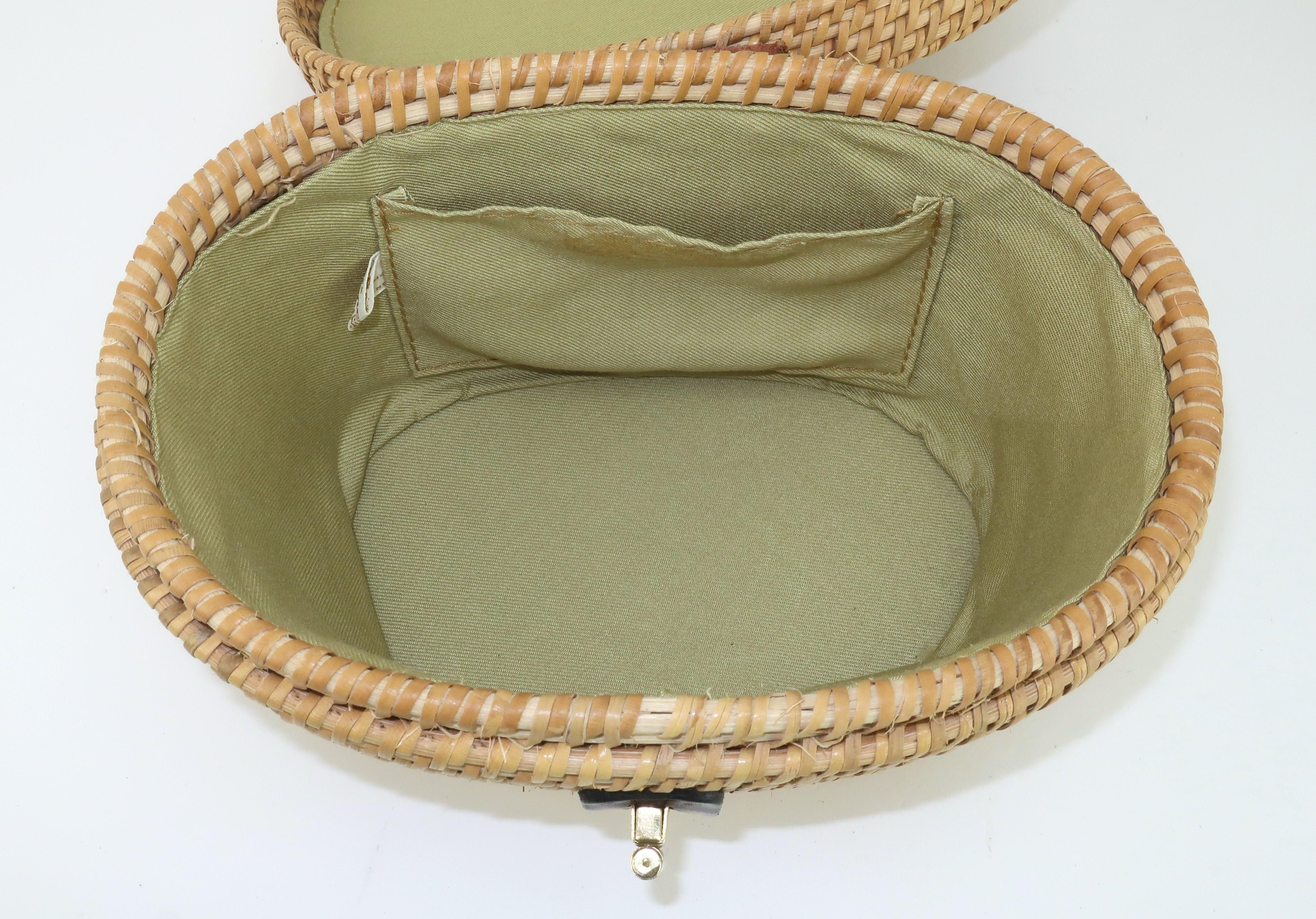 MR. ERNEST Wicker & Leather Basket Straw Handbag, 1960's 5