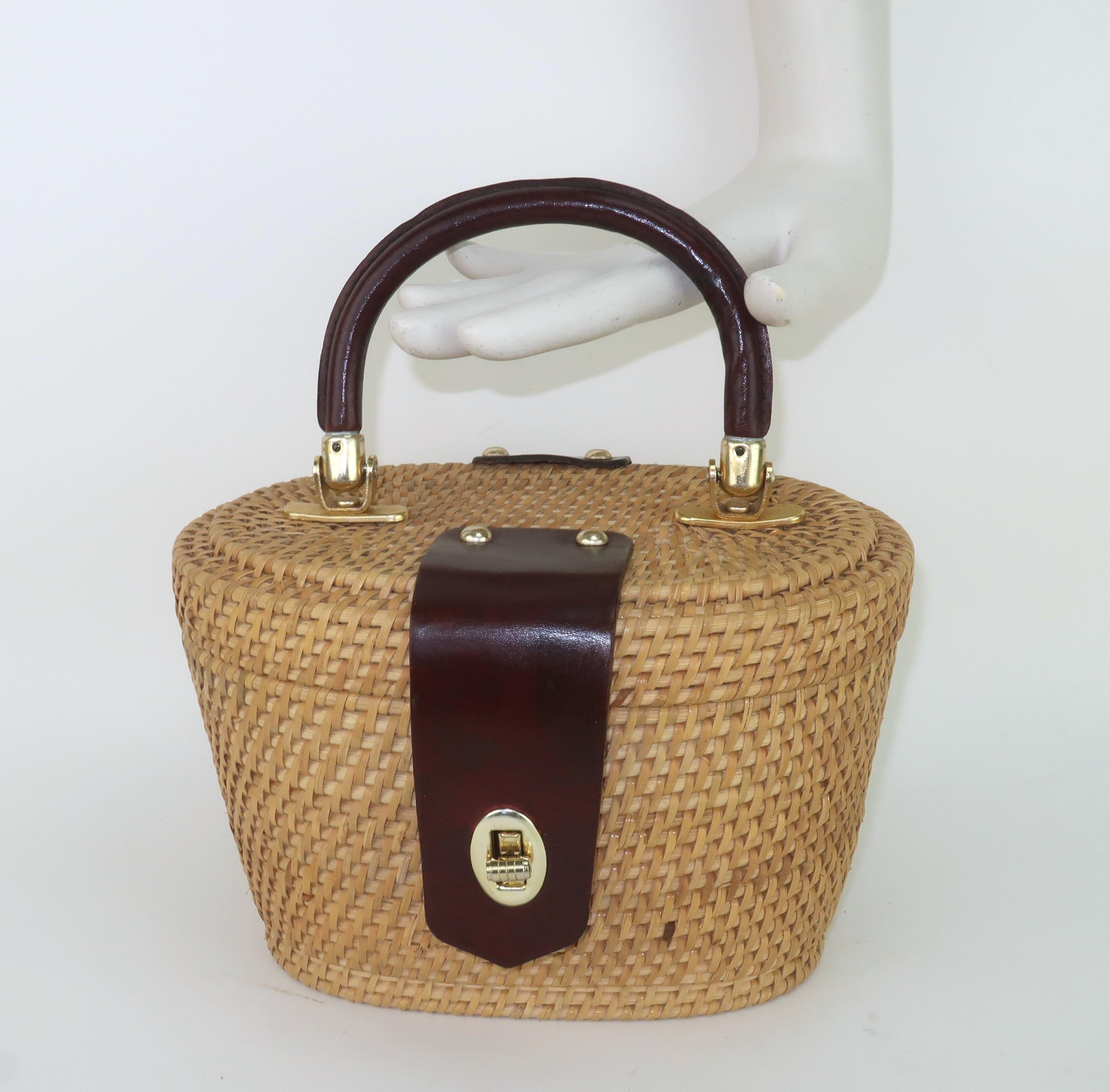 MR. ERNEST Wicker & Leather Basket Straw Handbag, 1960's 7