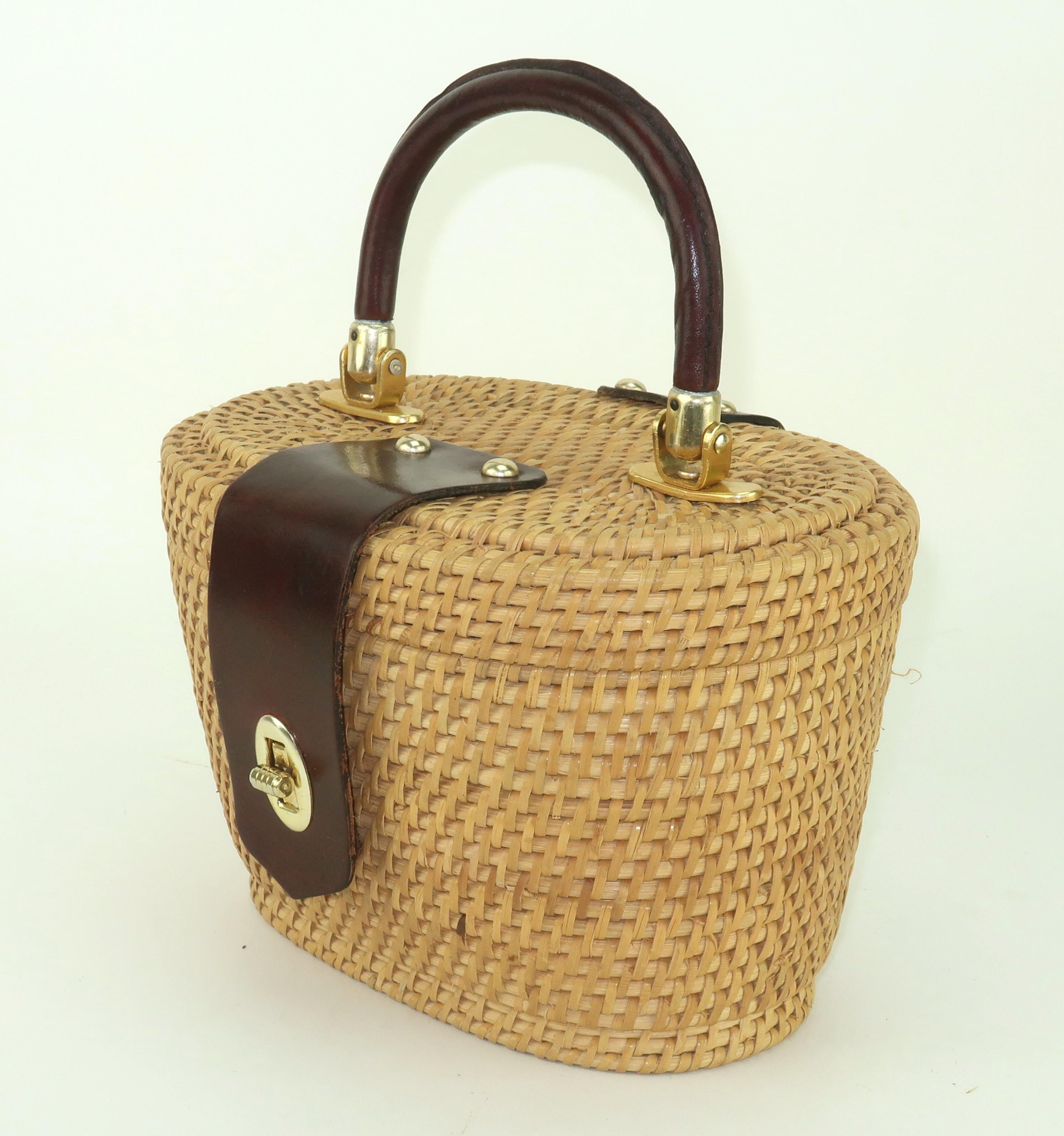 Brown MR. ERNEST Wicker & Leather Basket Straw Handbag, 1960's