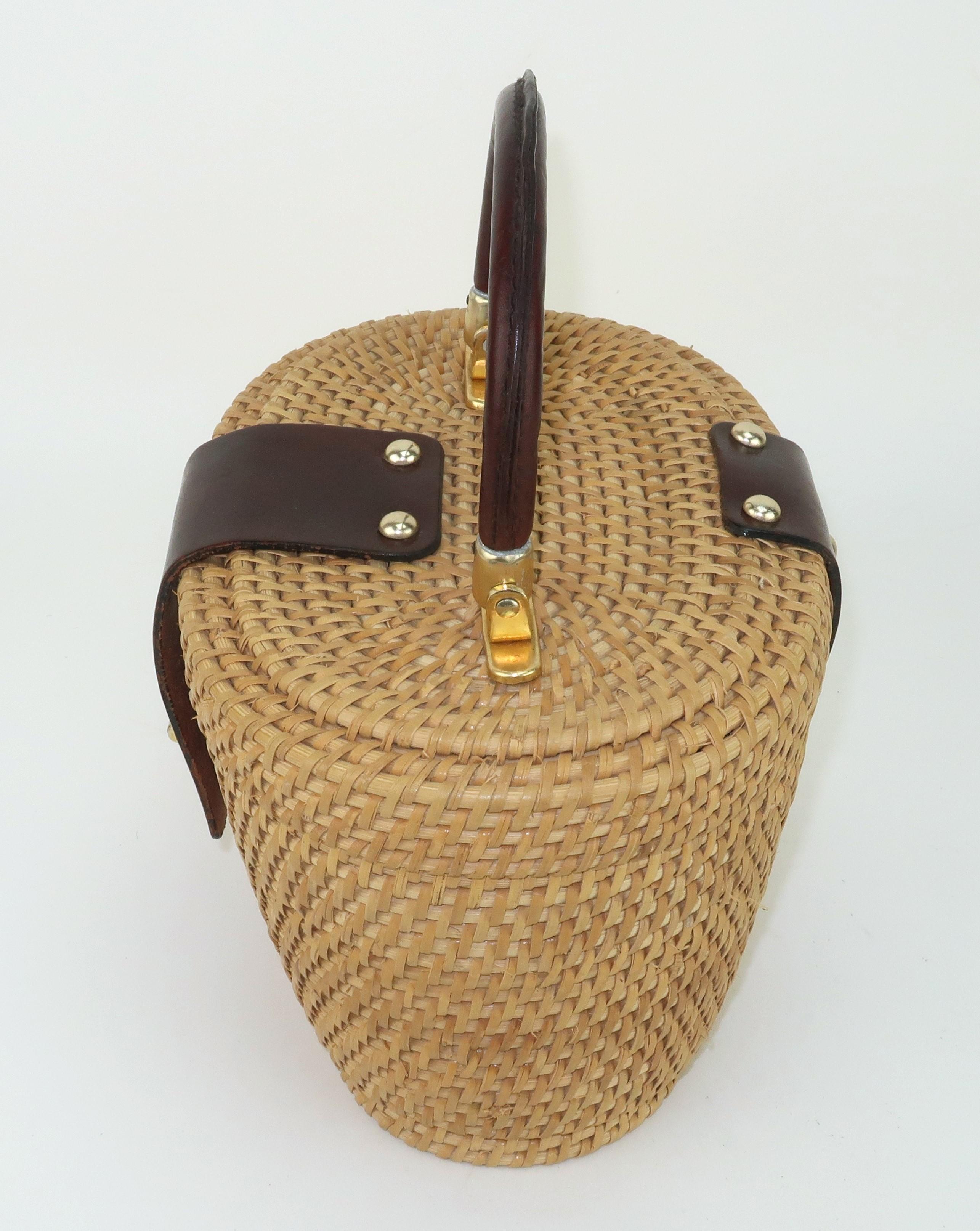 Women's MR. ERNEST Wicker & Leather Basket Straw Handbag, 1960's