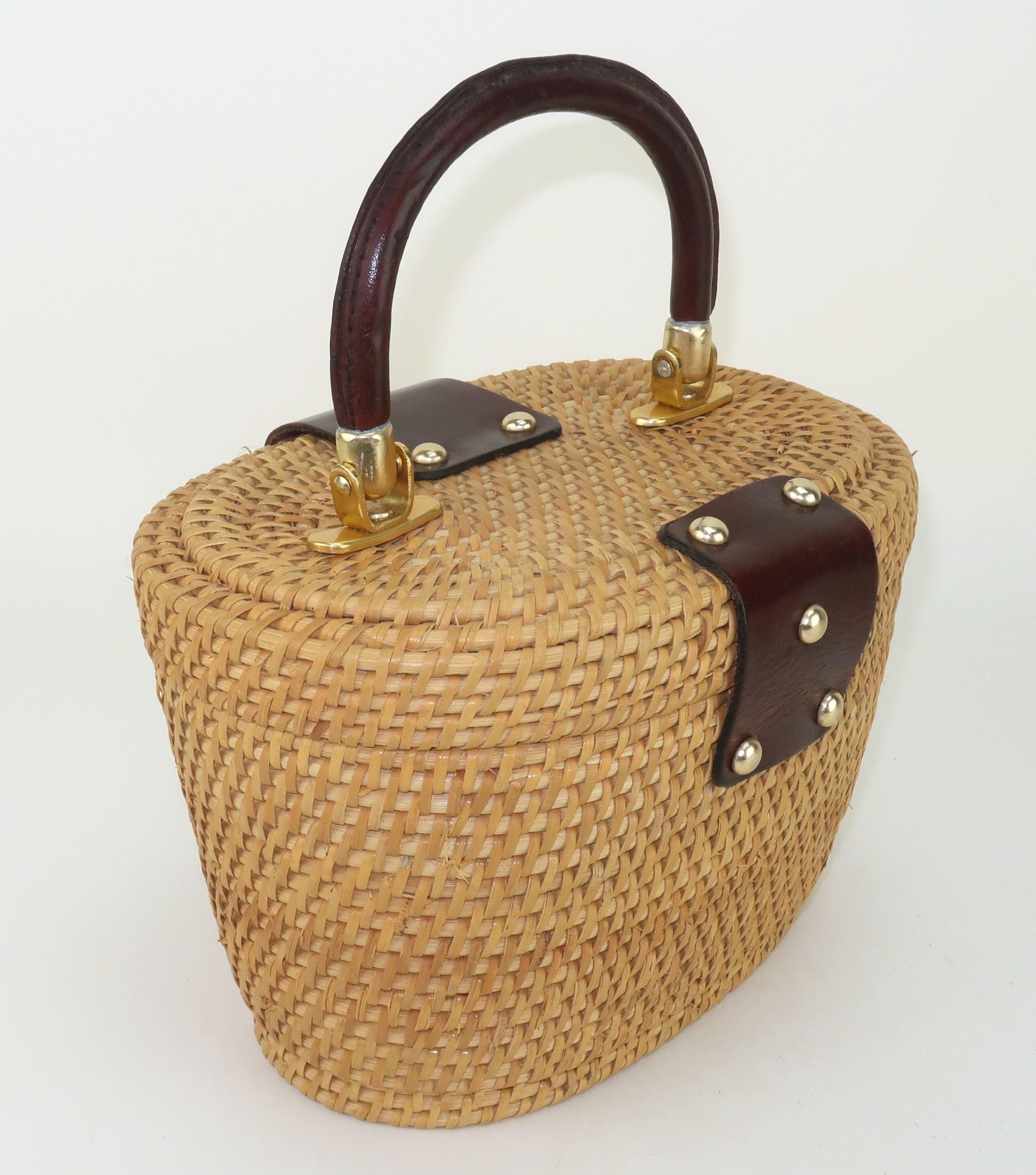 MR. ERNEST Wicker & Leather Basket Straw Handbag, 1960's 1