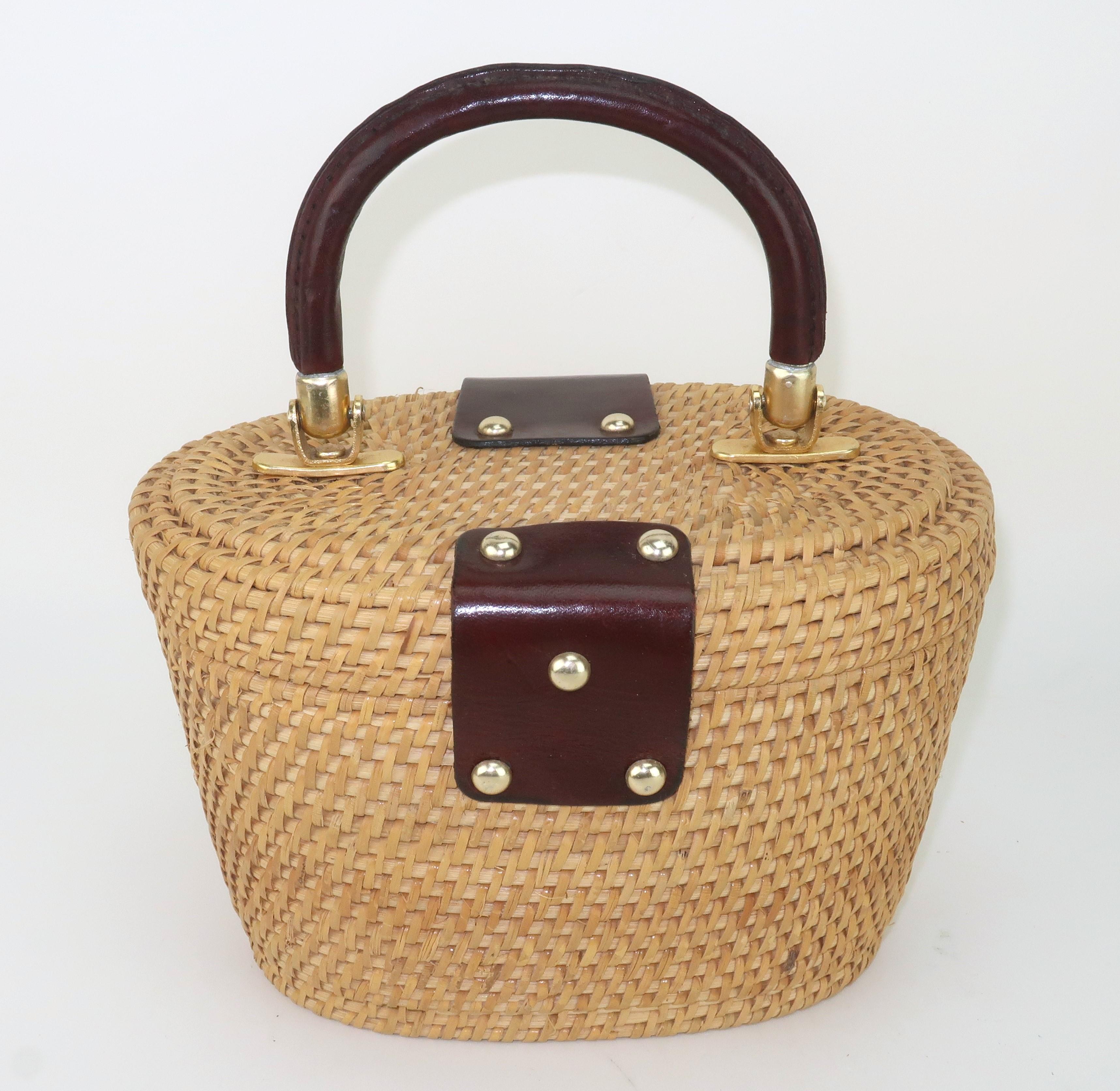 MR. ERNEST Wicker & Leather Basket Straw Handbag, 1960's 2