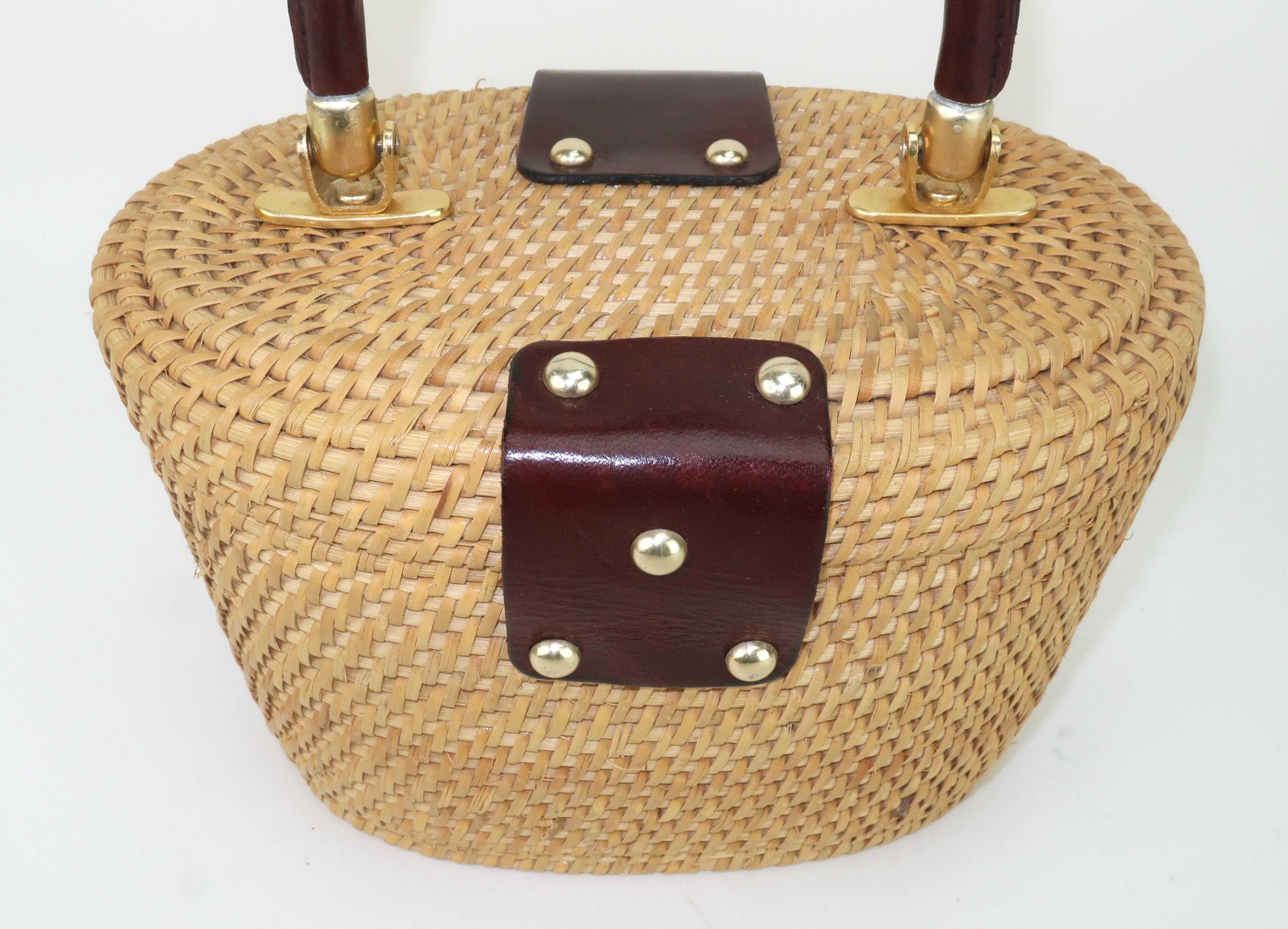 MR. ERNEST Wicker & Leather Basket Straw Handbag, 1960's 3