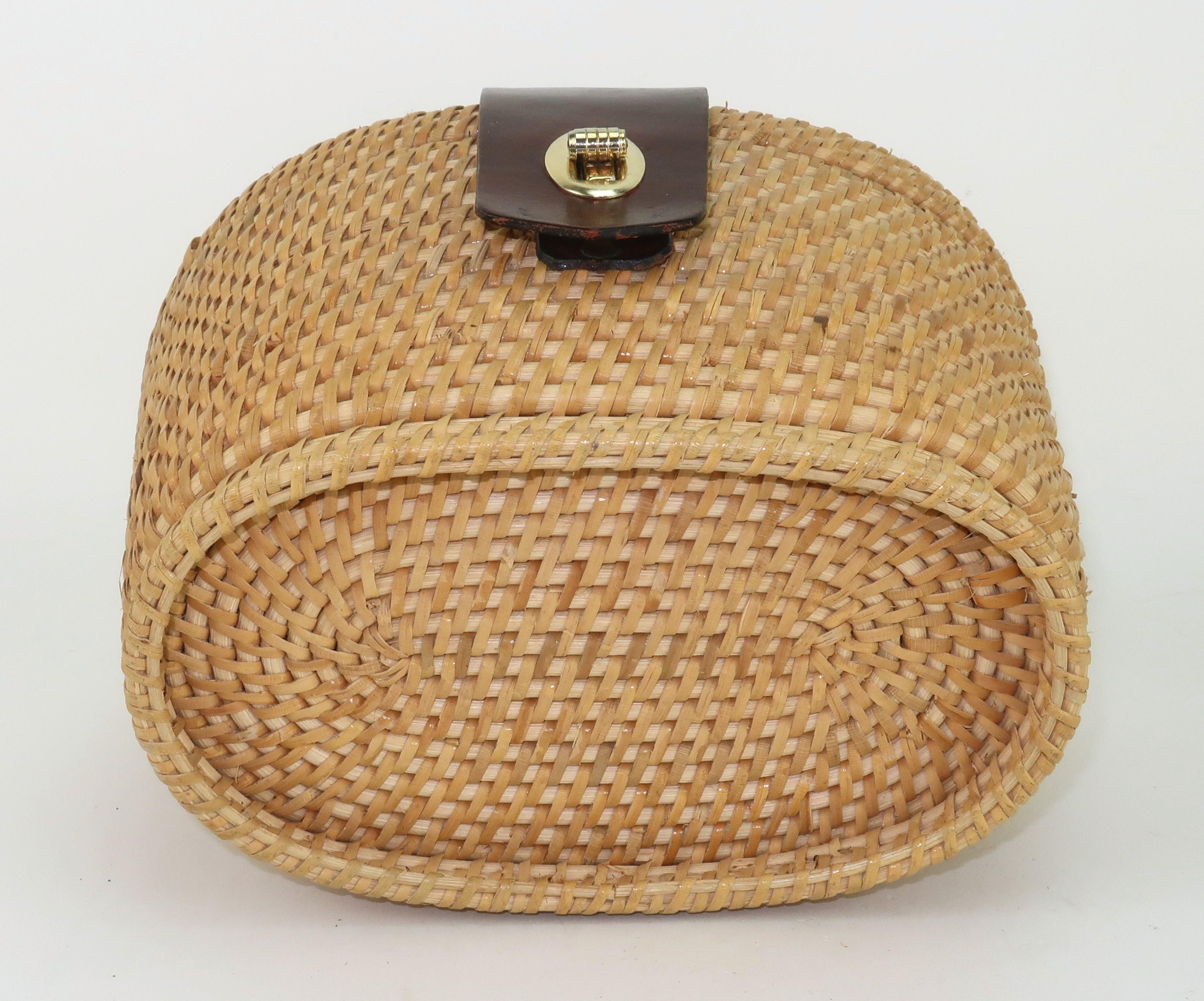 MR. ERNEST Wicker & Leather Basket Straw Handbag, 1960's 4