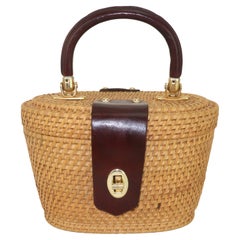 MR. ERNEST Wicker & Leather Basket Straw Handbag, 1960's