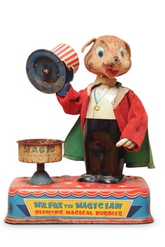 Mr Fox The Magician Blowing Magical Bubbles working Tin Toy by Yonezawa of Japan