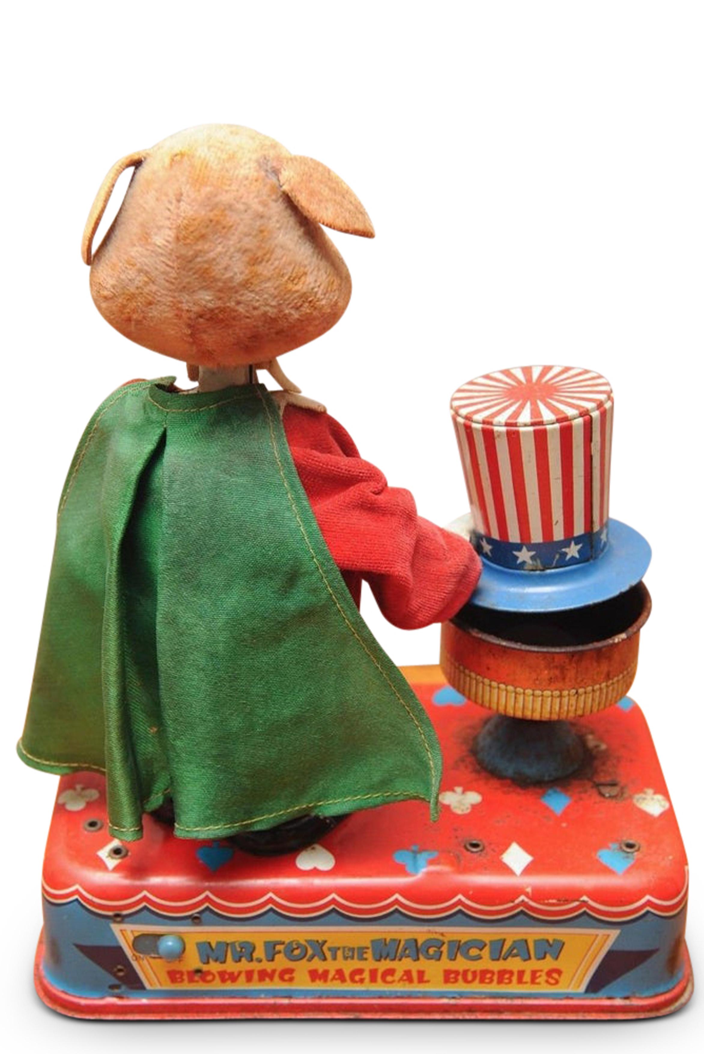 Japonisme Mr Fox The Magician Blowing Magical Bubbles working Tin Toy by Yonezawa of Japan For Sale