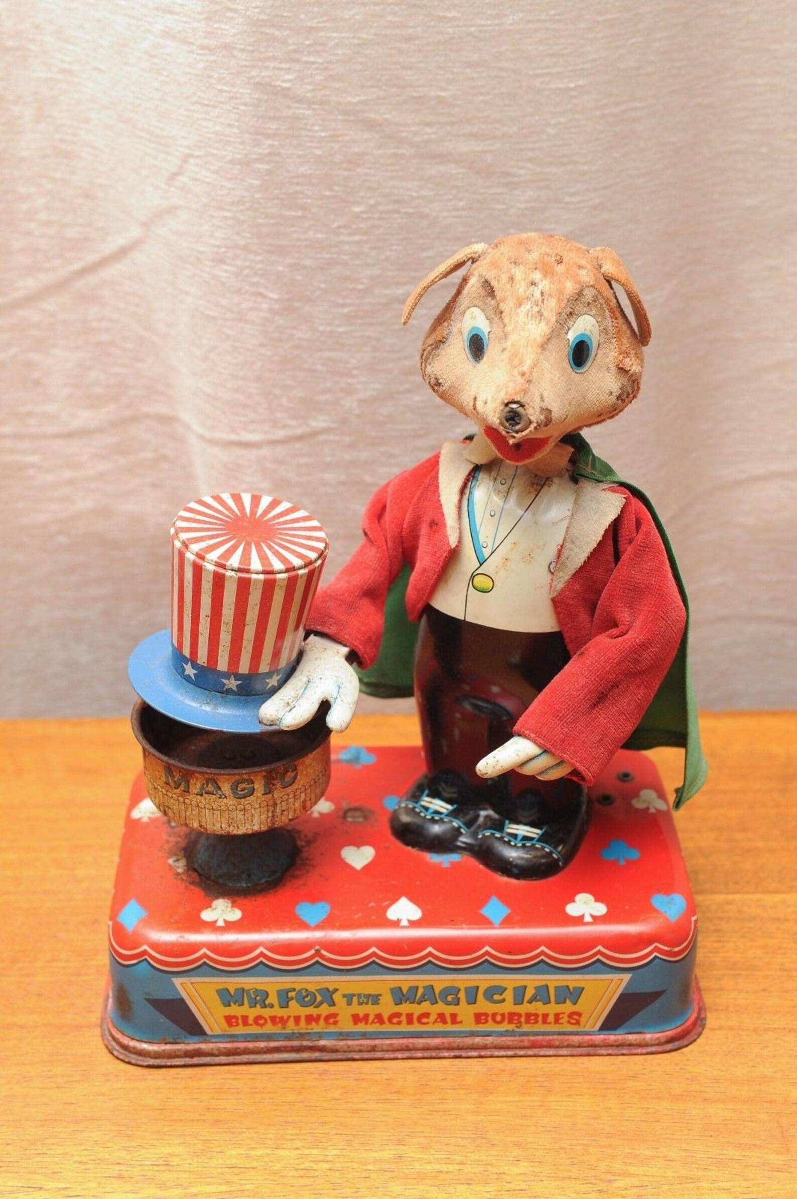 Mid-20th Century Mr Fox The Magician Blowing Magical Bubbles working Tin Toy by Yonezawa of Japan For Sale