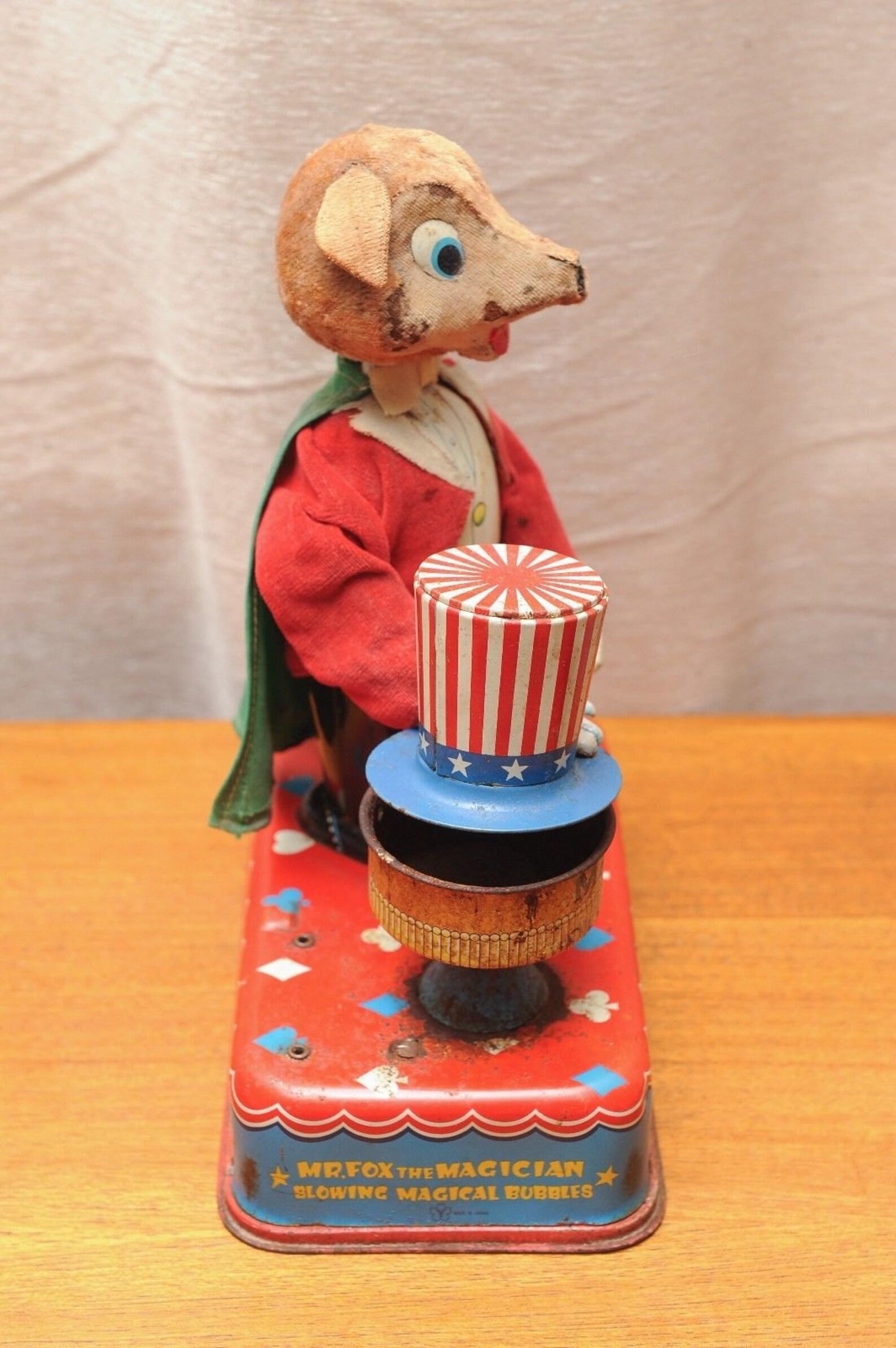 Mr Fox The Magician Blowing Magical Bubbles working Tin Toy by Yonezawa of Japan For Sale 2