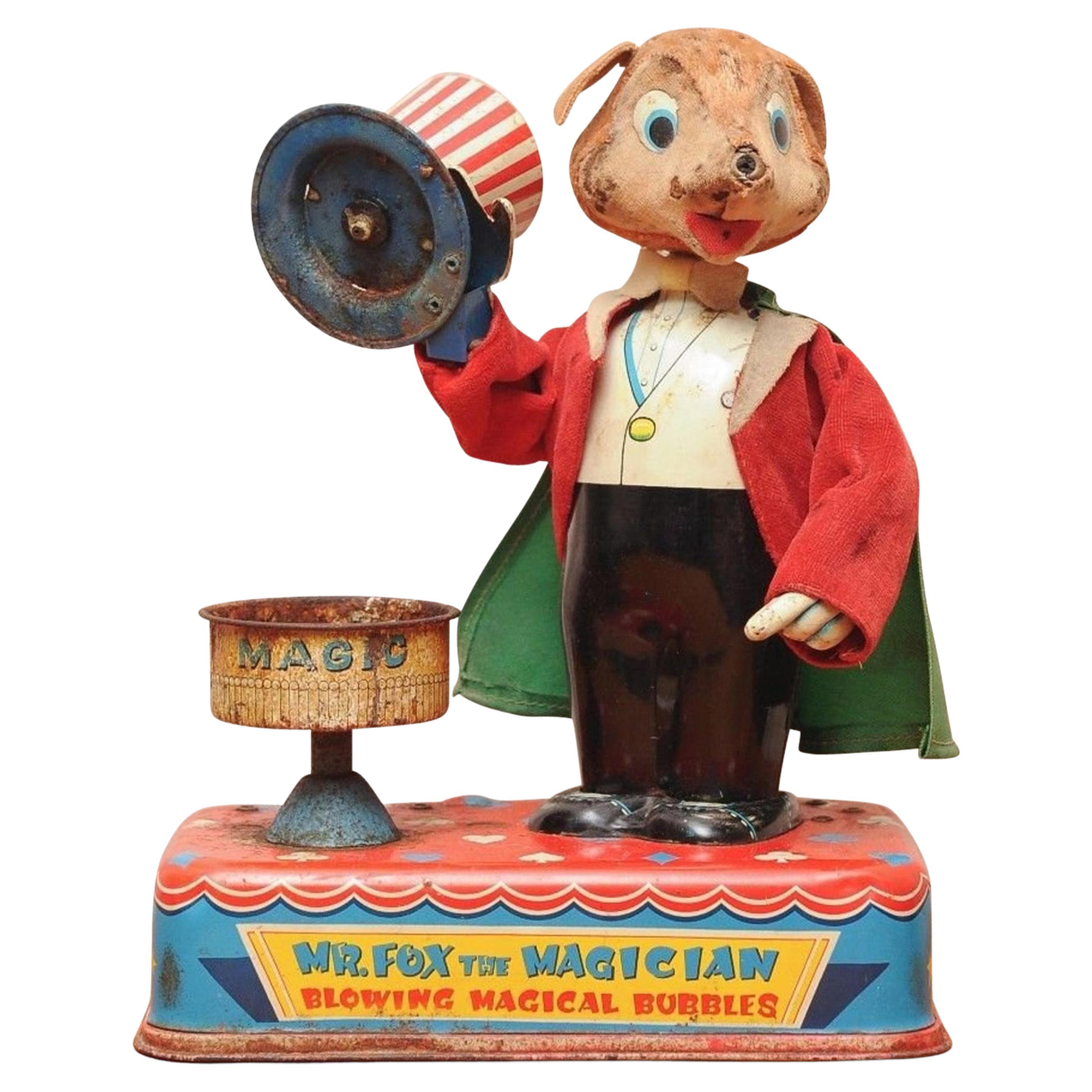 Mr Fox The Magician Blowing Magical Bubbles working Tin Toy by Yonezawa of Japan For Sale