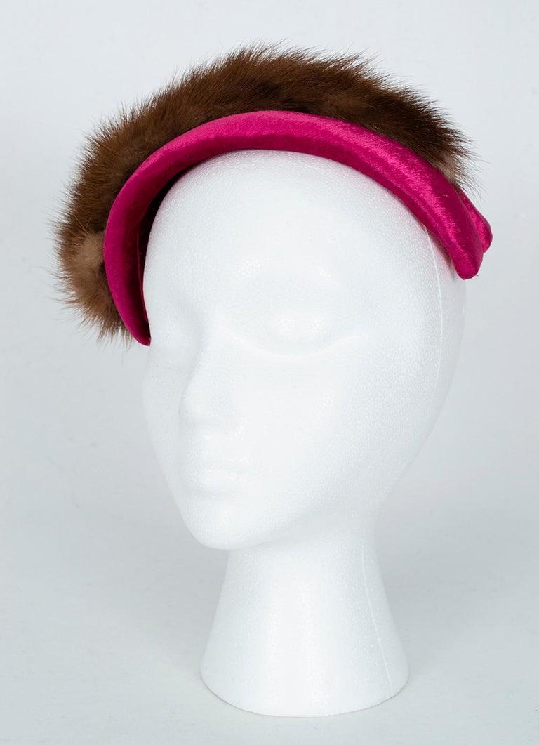 Mr John Fuchsia Panné Velvet and Mink Teardrop Cap Cocktail  display picture 1