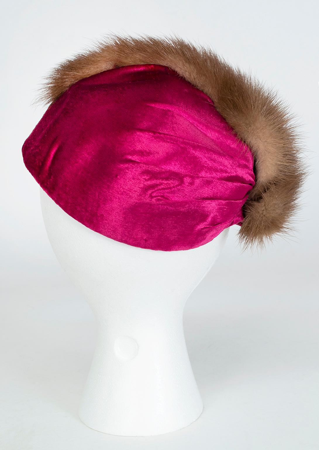 Women's Mr John Fuchsia Panné Velvet and Mink Teardrop Cap Cocktail Hat, Saks–O/S, 1950s For Sale