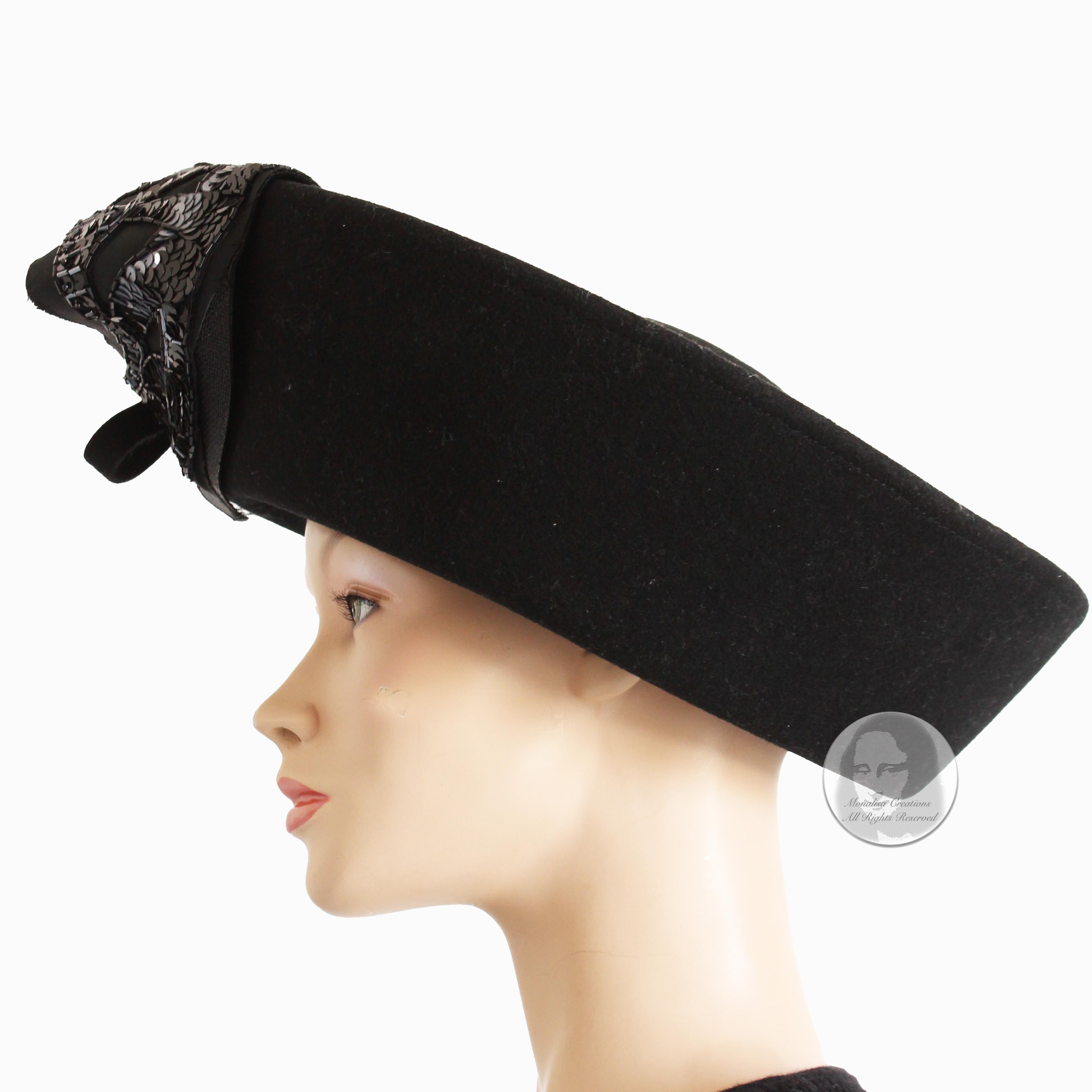 Women's Mr. John Hat Breton Black Wool Felt Embellished Sequins Bow Formal Vintage 60s For Sale