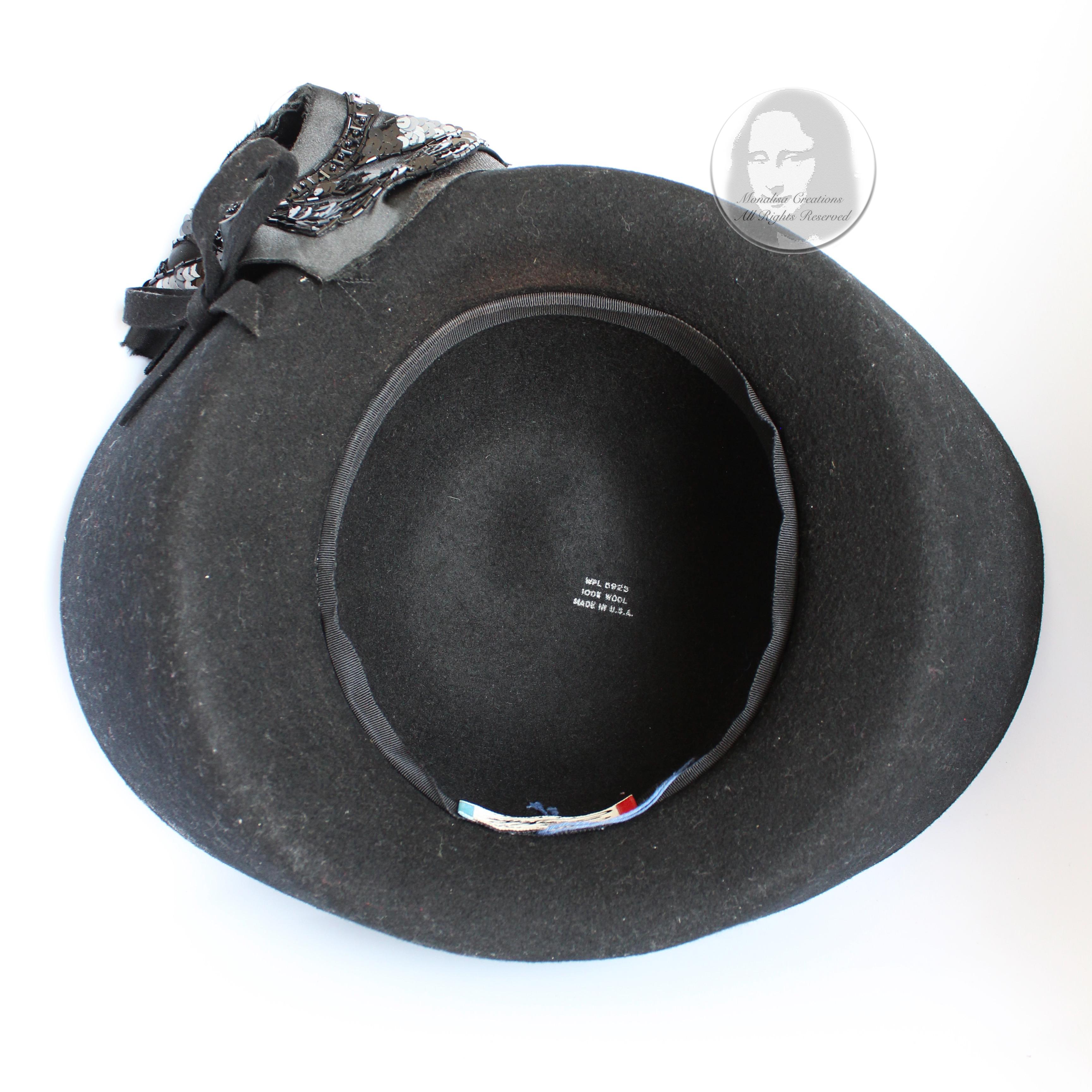 Mr. John Hat Breton Black Wool Felt Embellished Sequins Bow Formal Vintage 60s For Sale 5