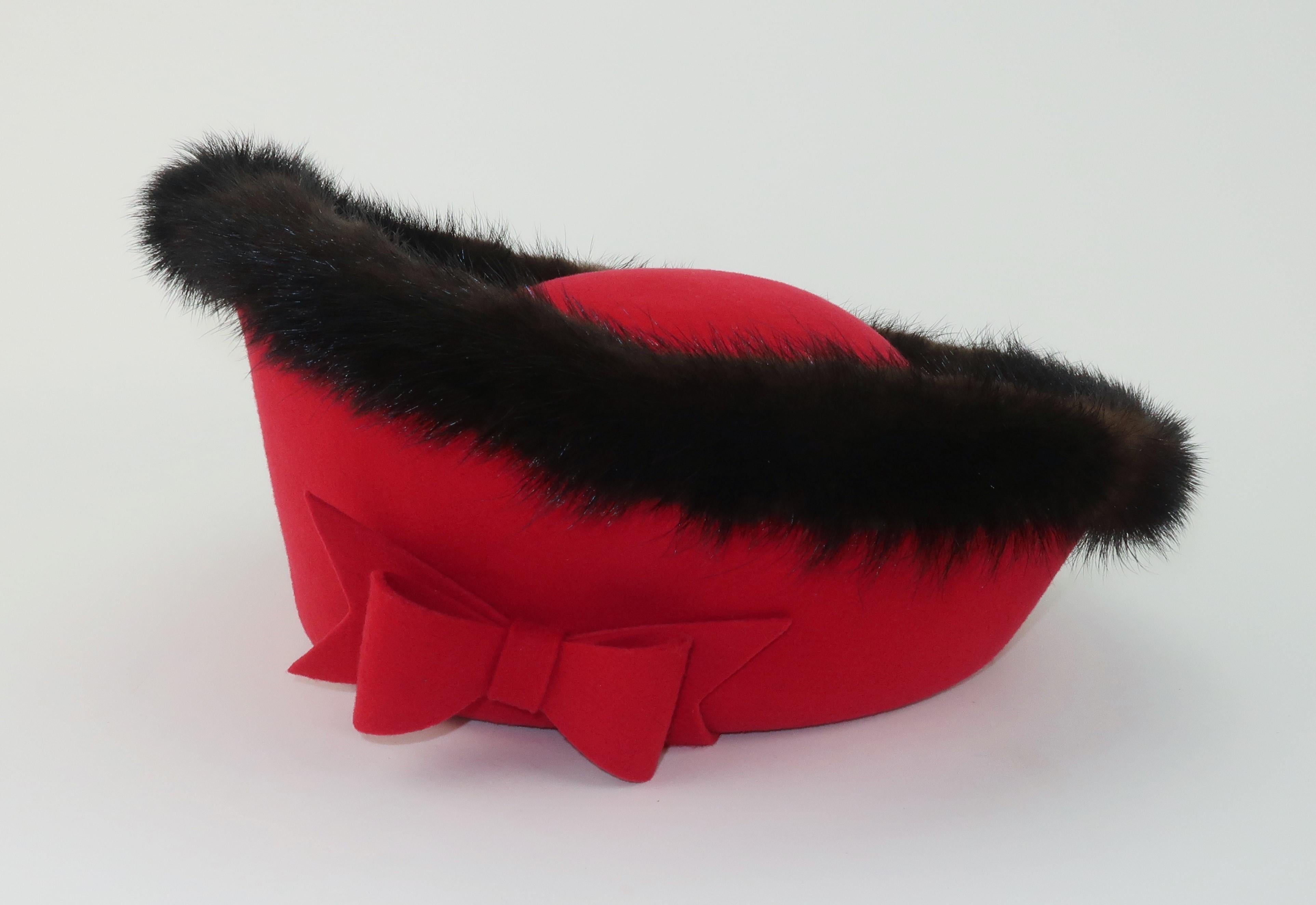 Mr. John Jr. Red Wool Hat With Mink Fur Trim, 1960's For Sale 3