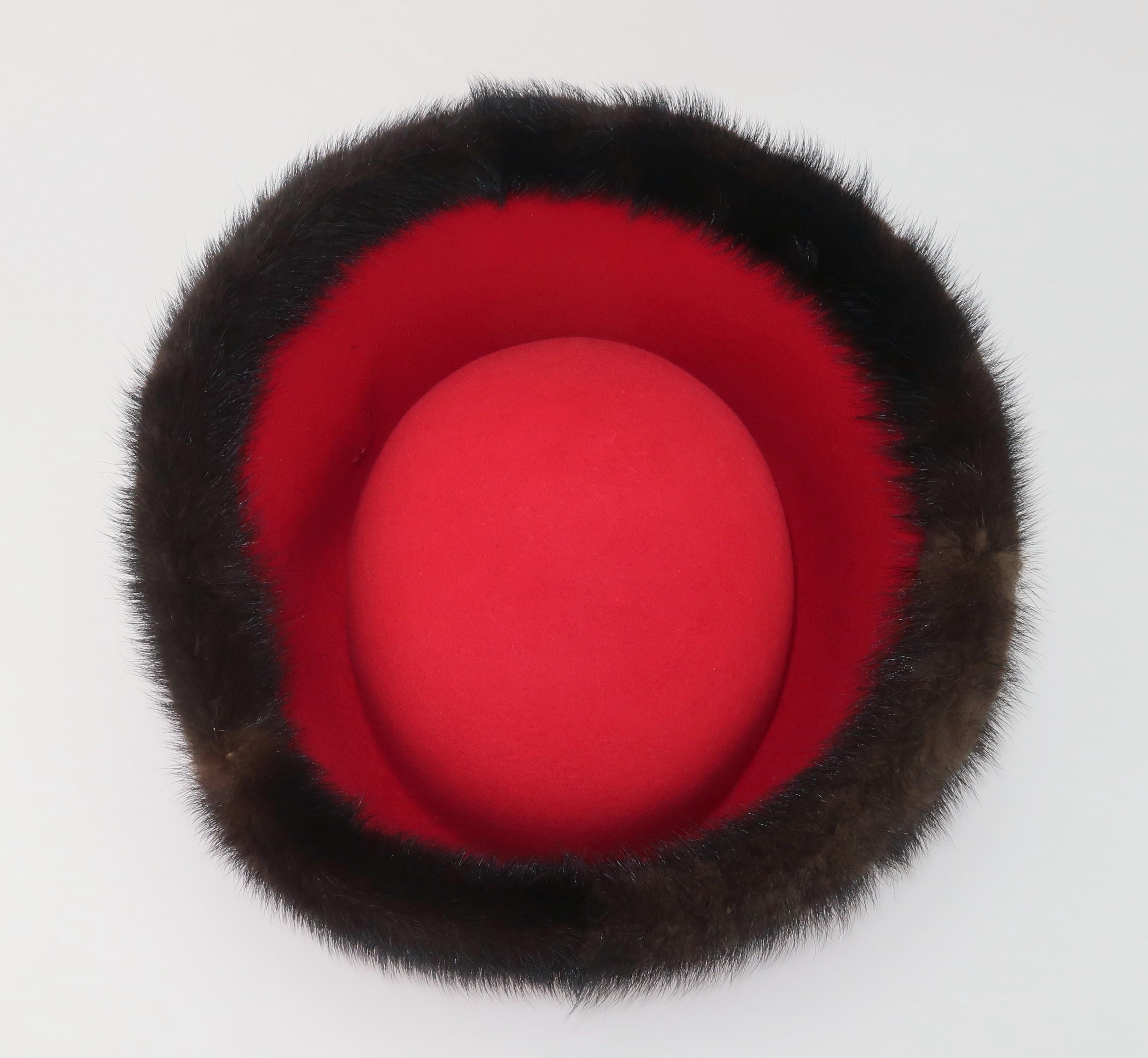 Mr. John Jr. Red Wool Hat With Mink Fur Trim, 1960's For Sale 4