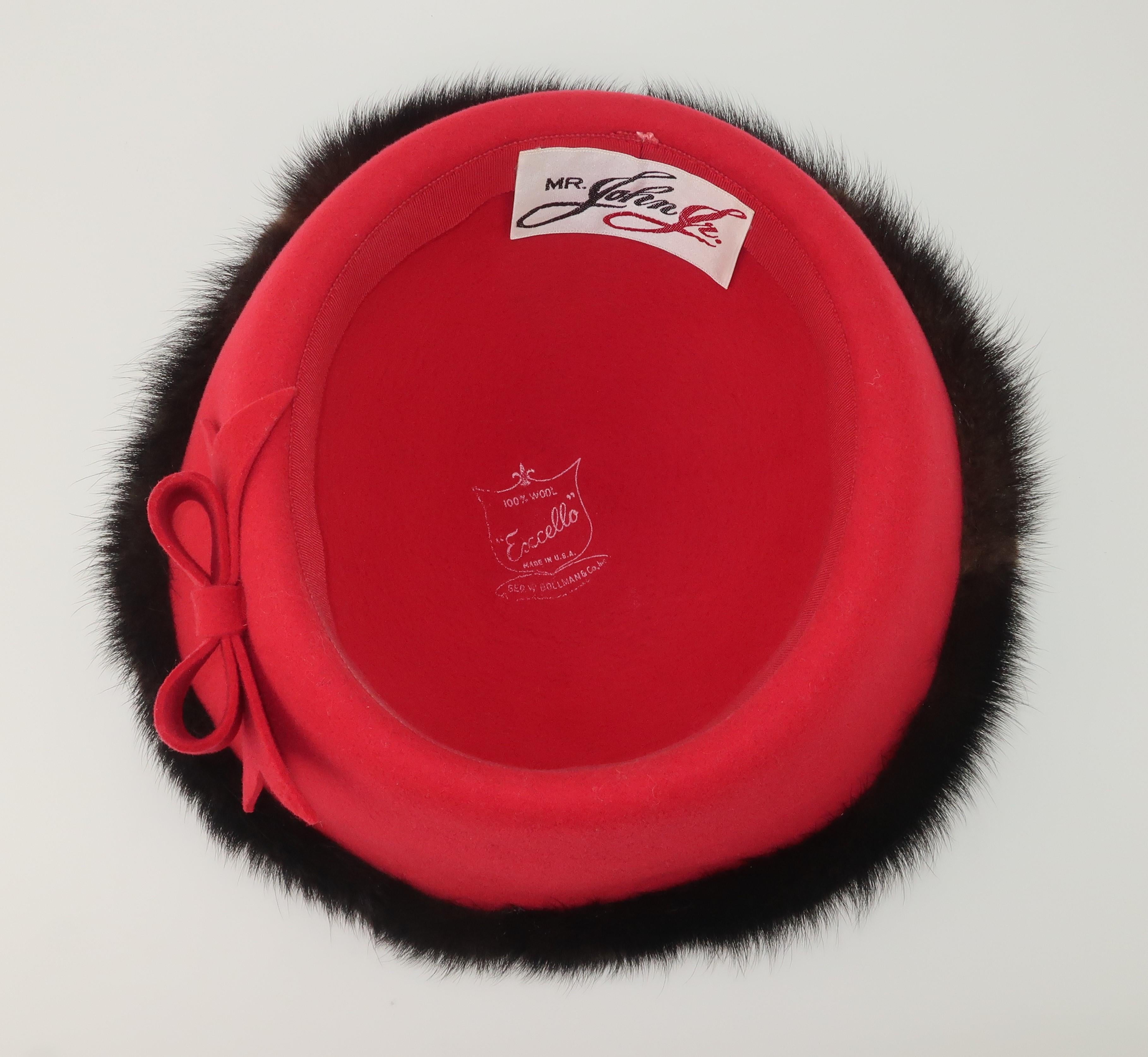 Mr. John Jr. Red Wool Hat With Mink Fur Trim, 1960's For Sale 5