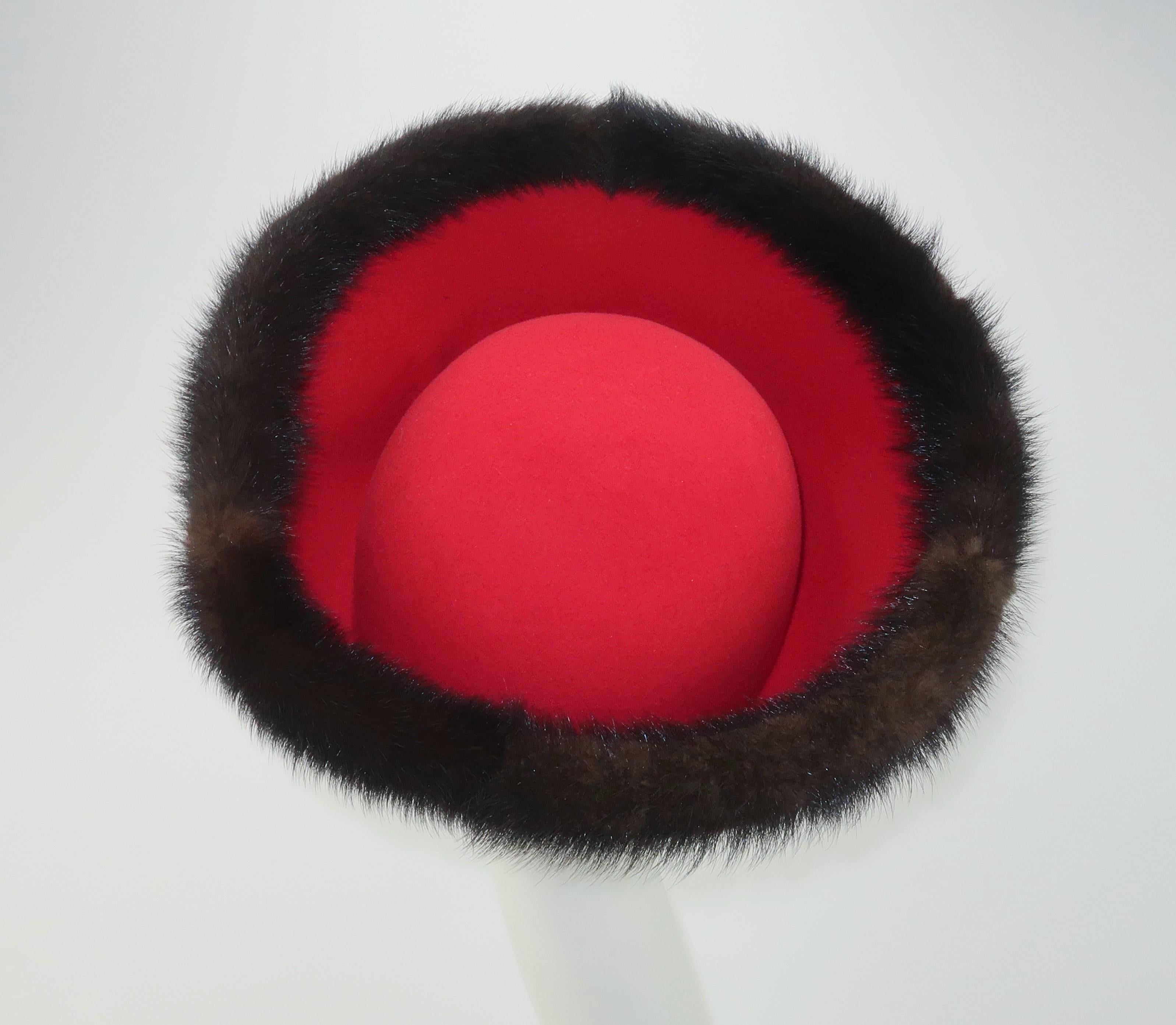 Women's Mr. John Jr. Red Wool Hat With Mink Fur Trim, 1960's For Sale