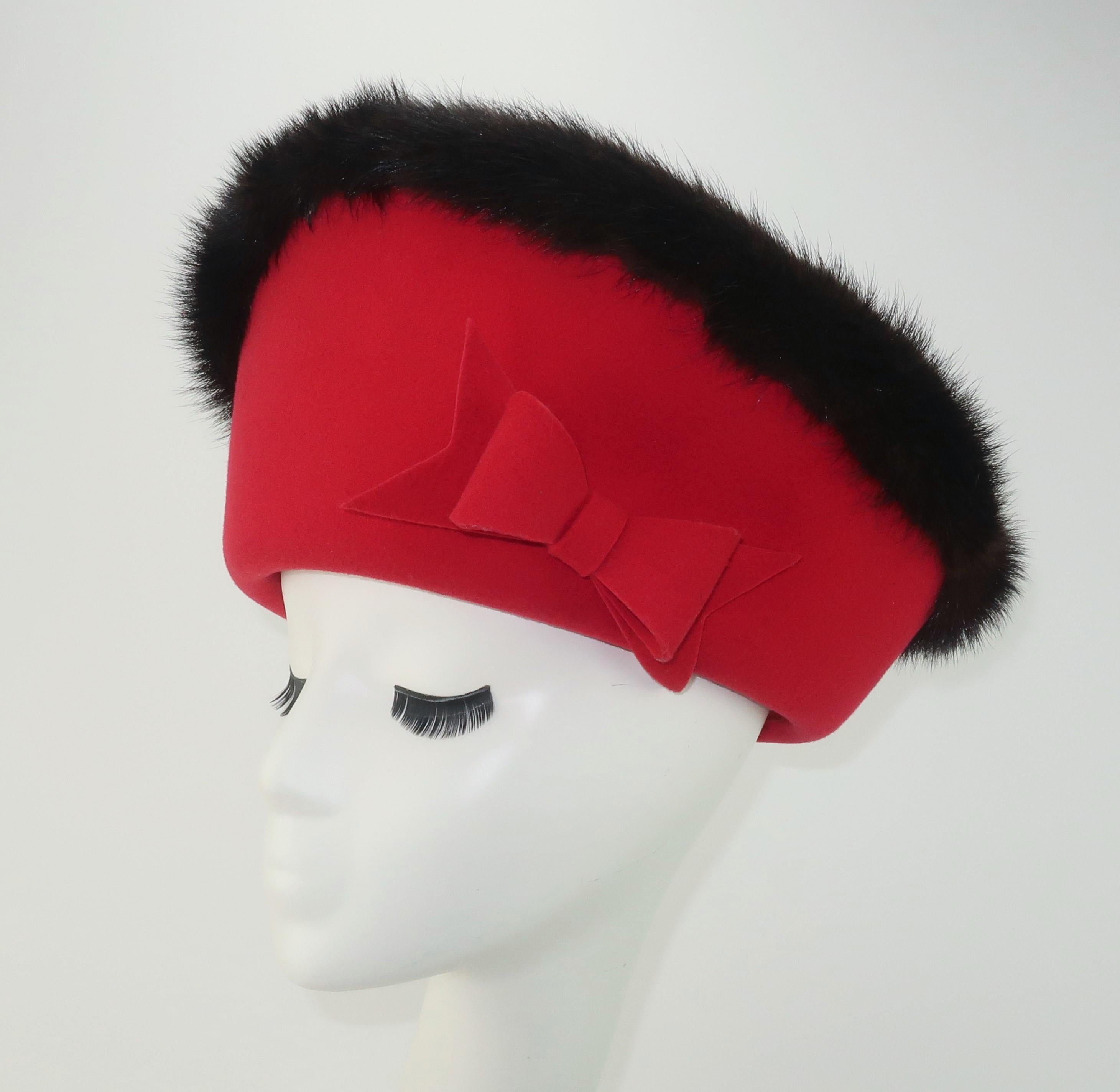 Mr. John Jr. Red Wool Hat With Mink Fur Trim, 1960's For Sale 1