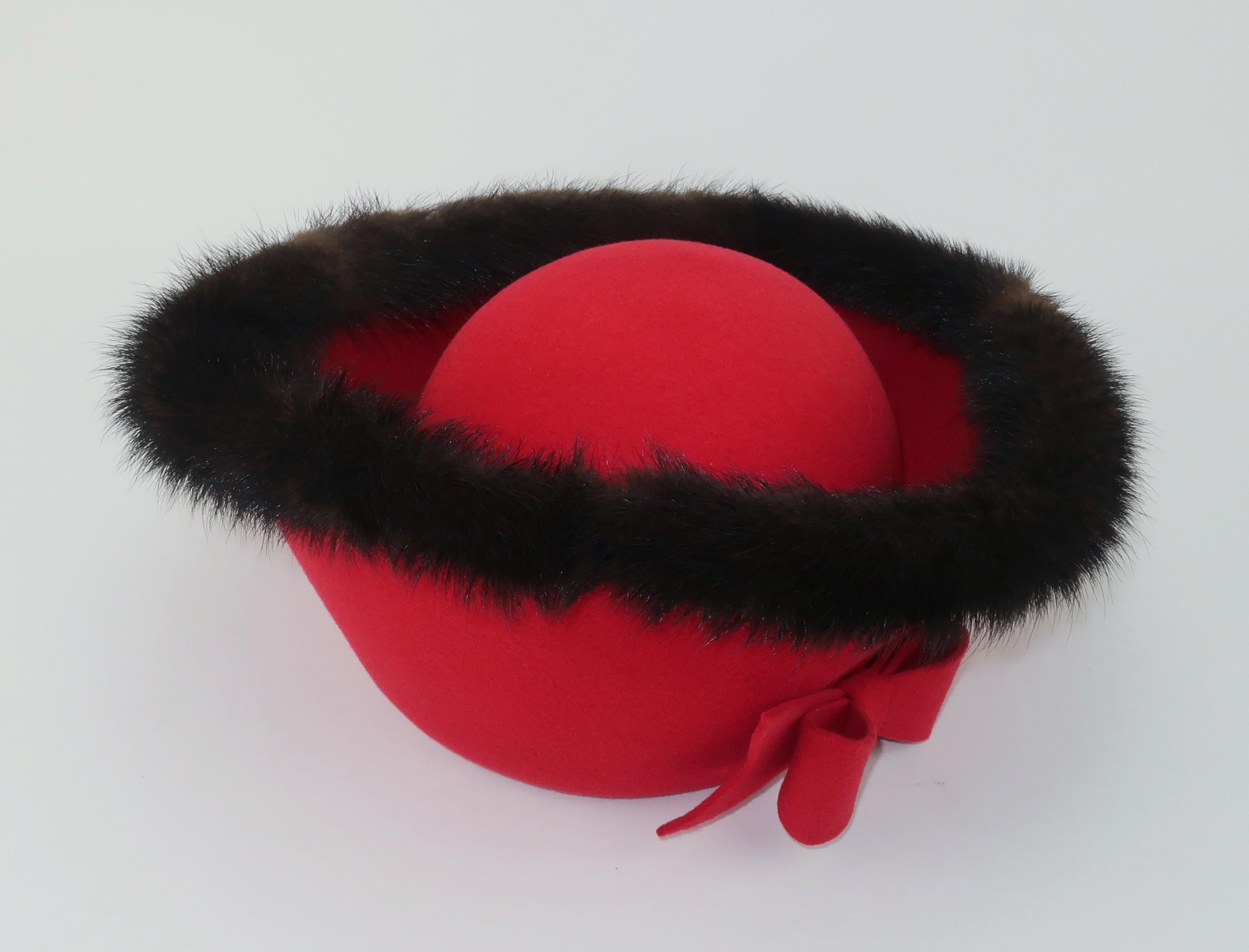 Mr. John Jr. Red Wool Hat With Mink Fur Trim, 1960's For Sale 2