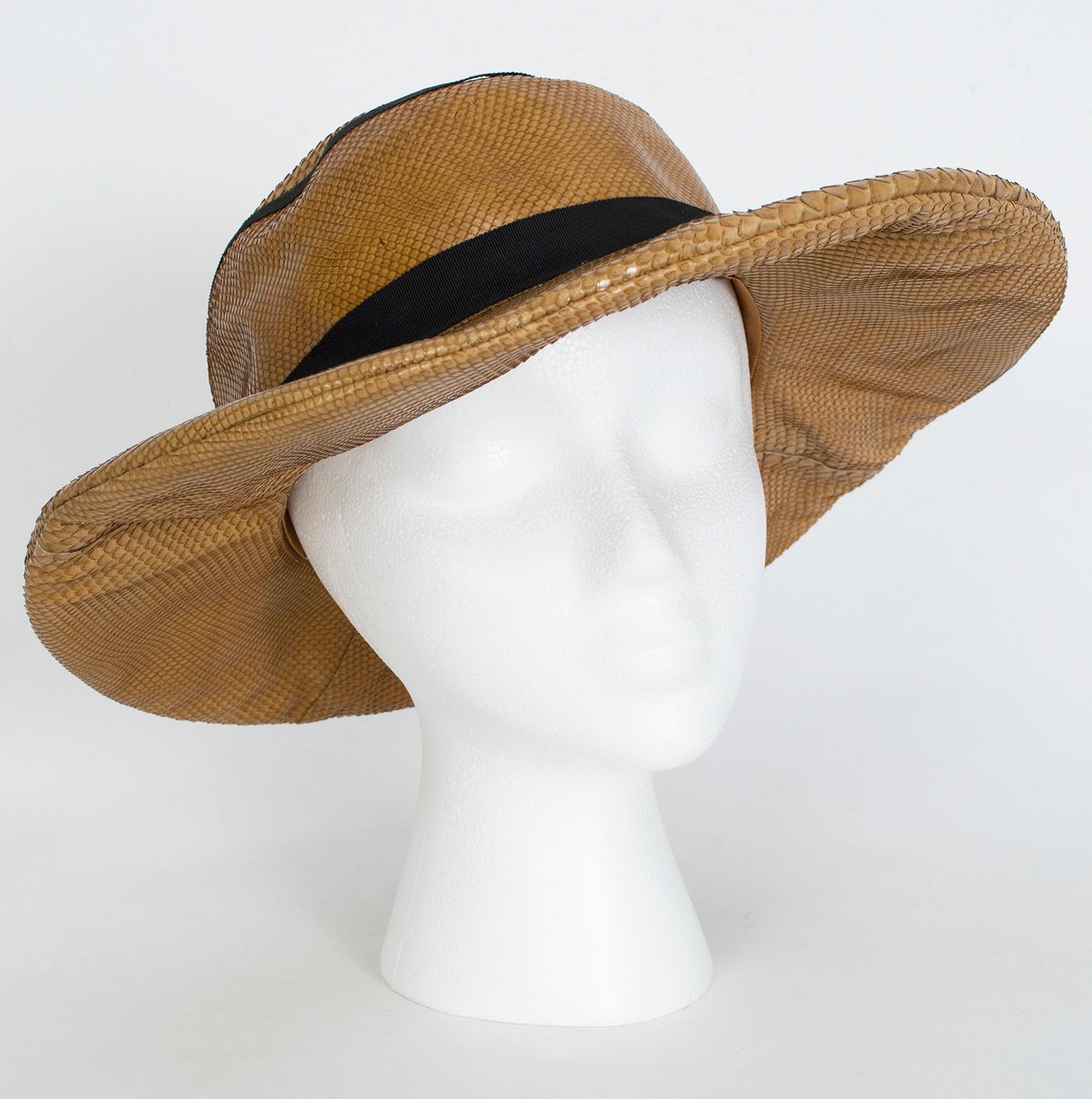 A little bit Old Europe and a little bit Old West, this striking hat defies categorization: its wide brim screams Champs Elysees, its burnished neutral color is the hue of an antique Hermès saddle, and its material is saloon doors and spurs. 