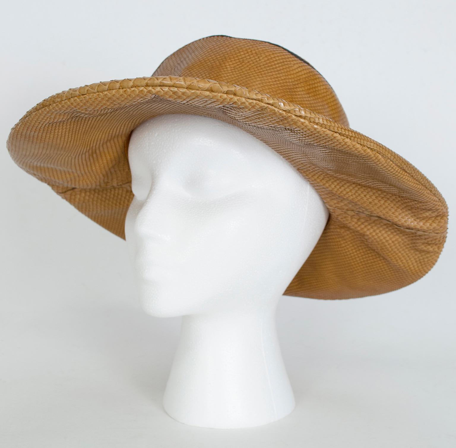 Brown Mr. John Tobacco Snakeskin Wide Brim Cartwheel Hat, French Room – S, 1960s