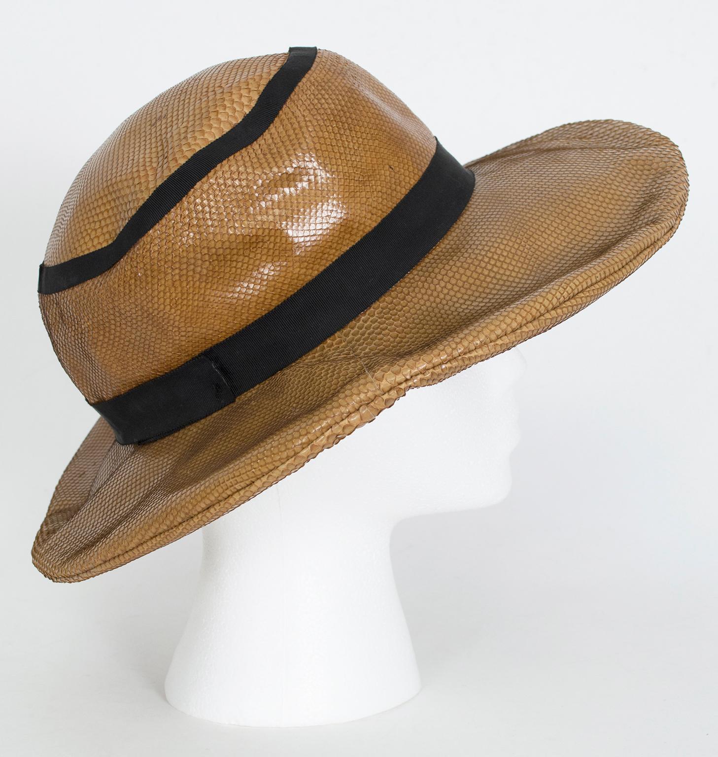 Mr. John Tobacco Snakeskin Wide Brim Cartwheel Hat, French Room – S, 1960s In Excellent Condition In Tucson, AZ