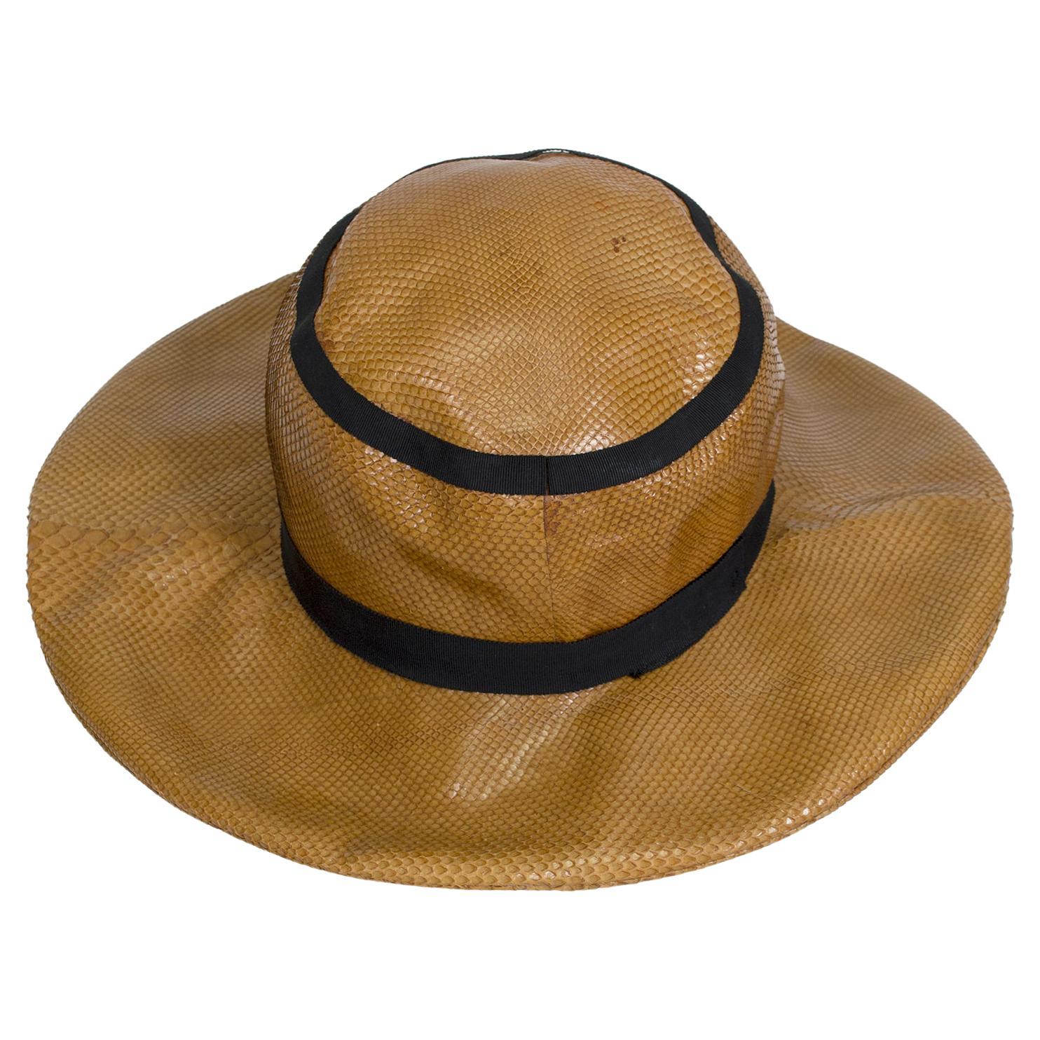 Mr. John Tobacco Snakeskin Wide Brim Cartwheel Hat, French Room – S, 1960s