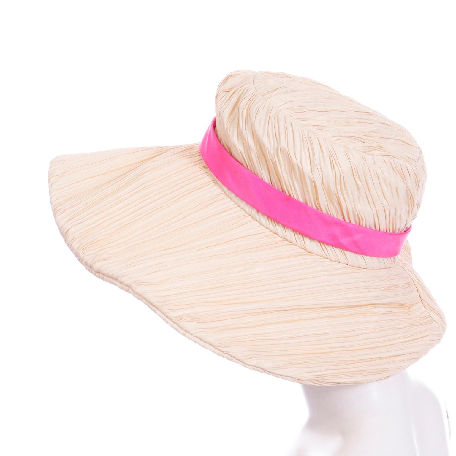 White Mr John Vintage Pleated Cream Floppy Hat With Hot Pink Silk Band Ribbon For Sale