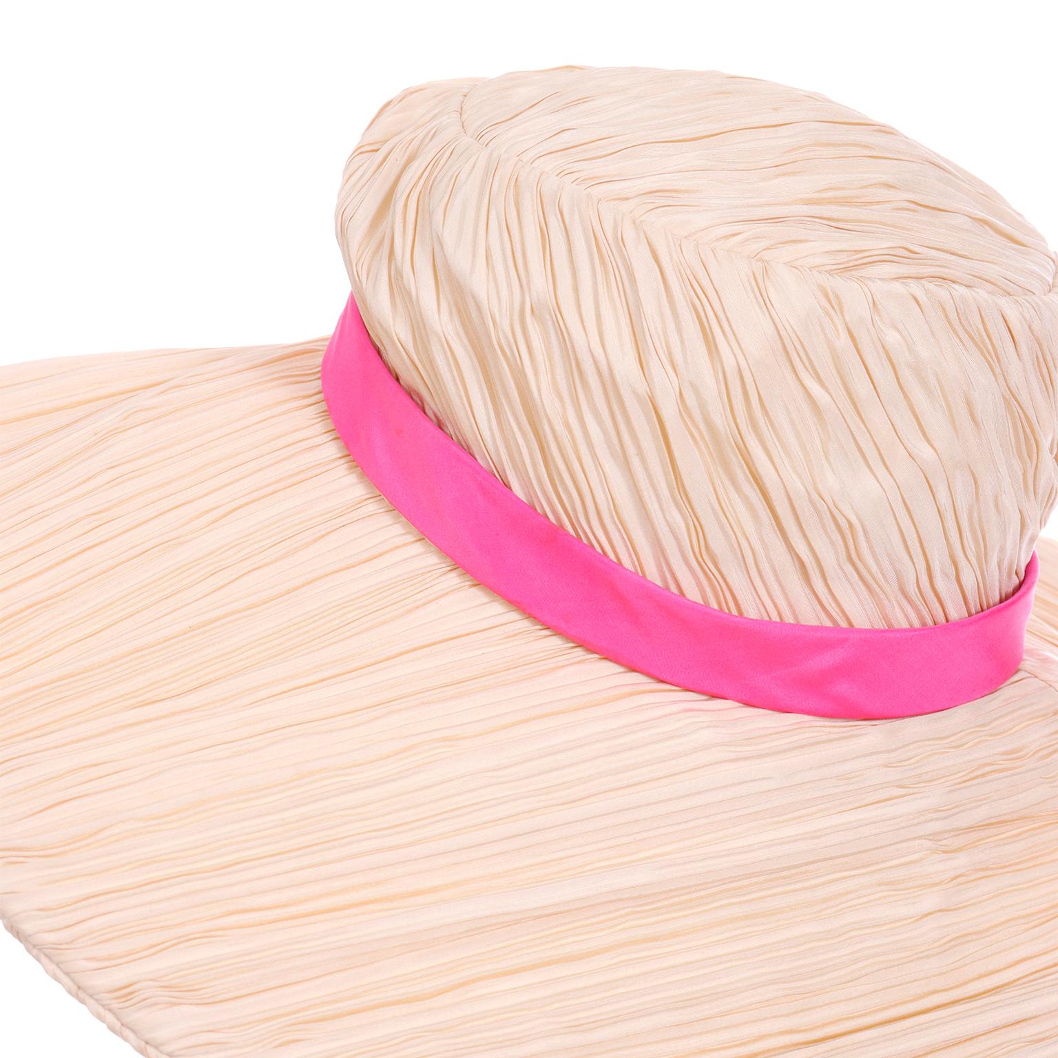 Women's Mr John Vintage Pleated Cream Floppy Hat With Hot Pink Silk Band Ribbon For Sale