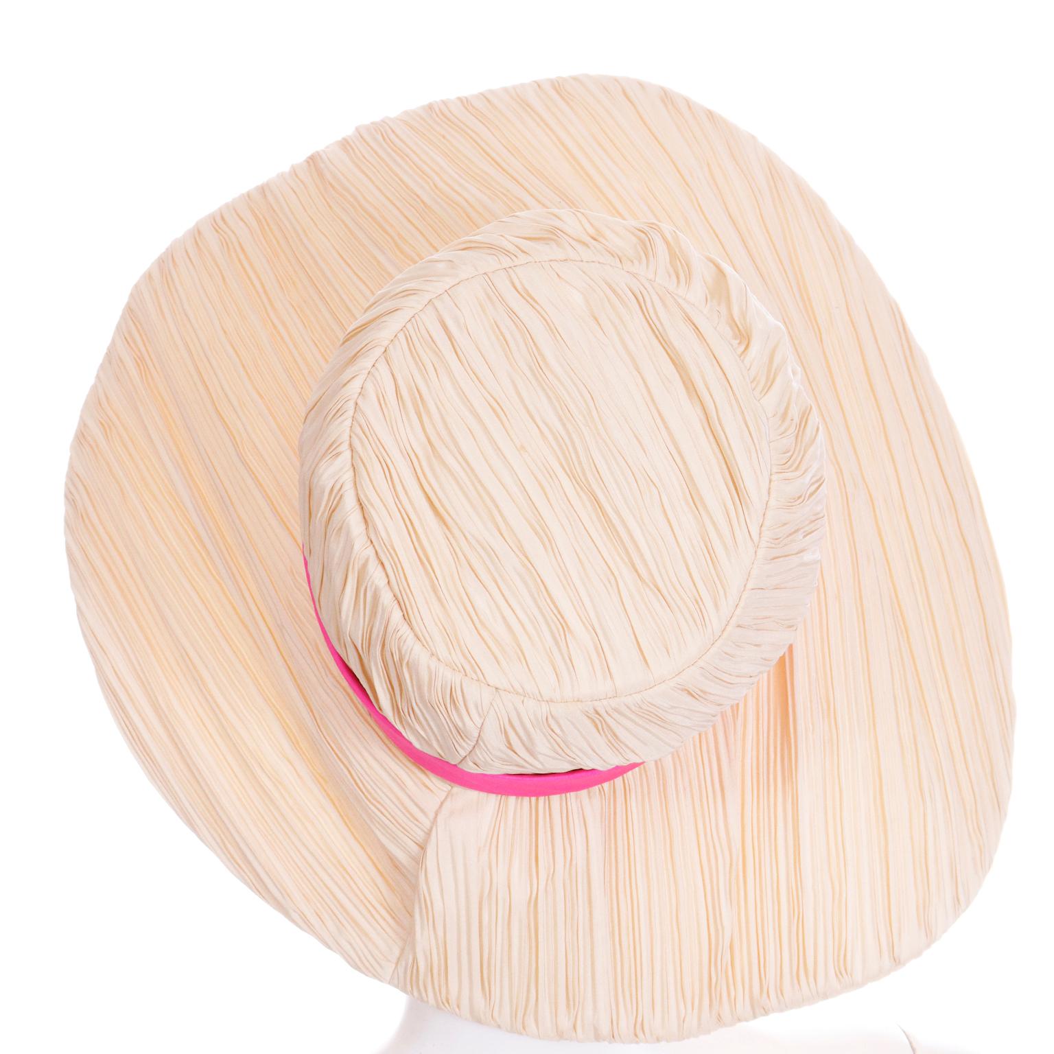 Mr John Vintage Pleated Cream Floppy Hat With Hot Pink Silk Band Ribbon For Sale 1