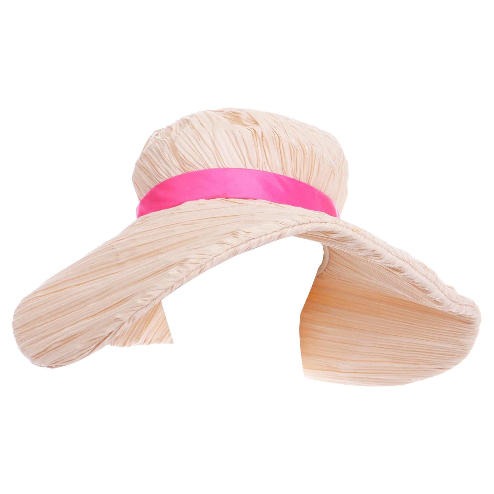 Mr John Vintage Pleated Cream Floppy Hat With Hot Pink Silk Band Ribbon