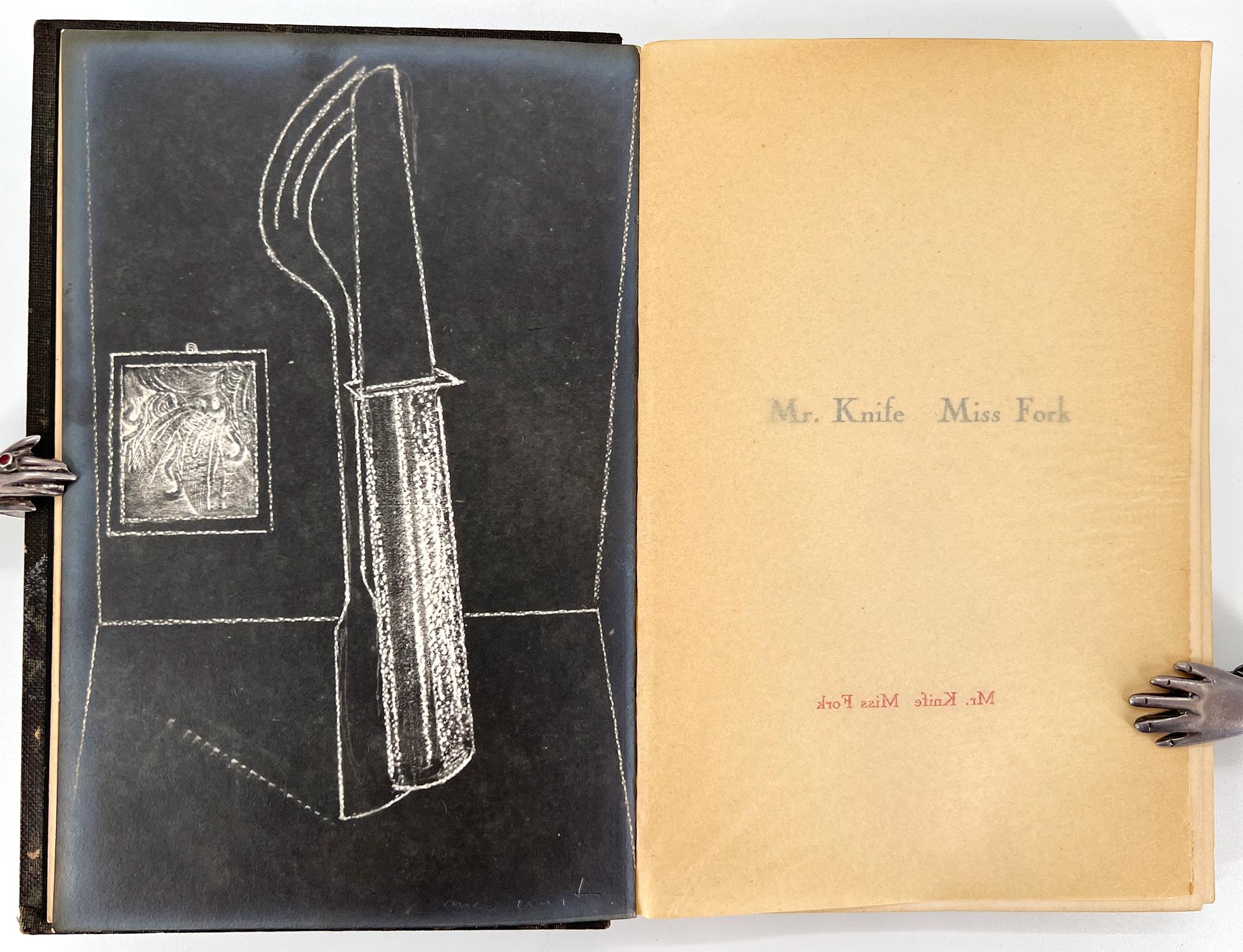 A striking and important Surrealist collaboration. A rare SINGED COPY.

Ernst, Max / René Crevel
Mr. Knife Miss Fork; Translated by Kay Boyle

Paris: The Black Sun Press, 1931. 
FIRST LIMITED EDITION, signed. 
8vo, 7 × 4 7/16 inches (178 × 113 mm);